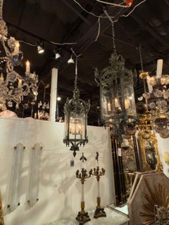 Antique English Pantinated Iron Lantern with Etched Glass