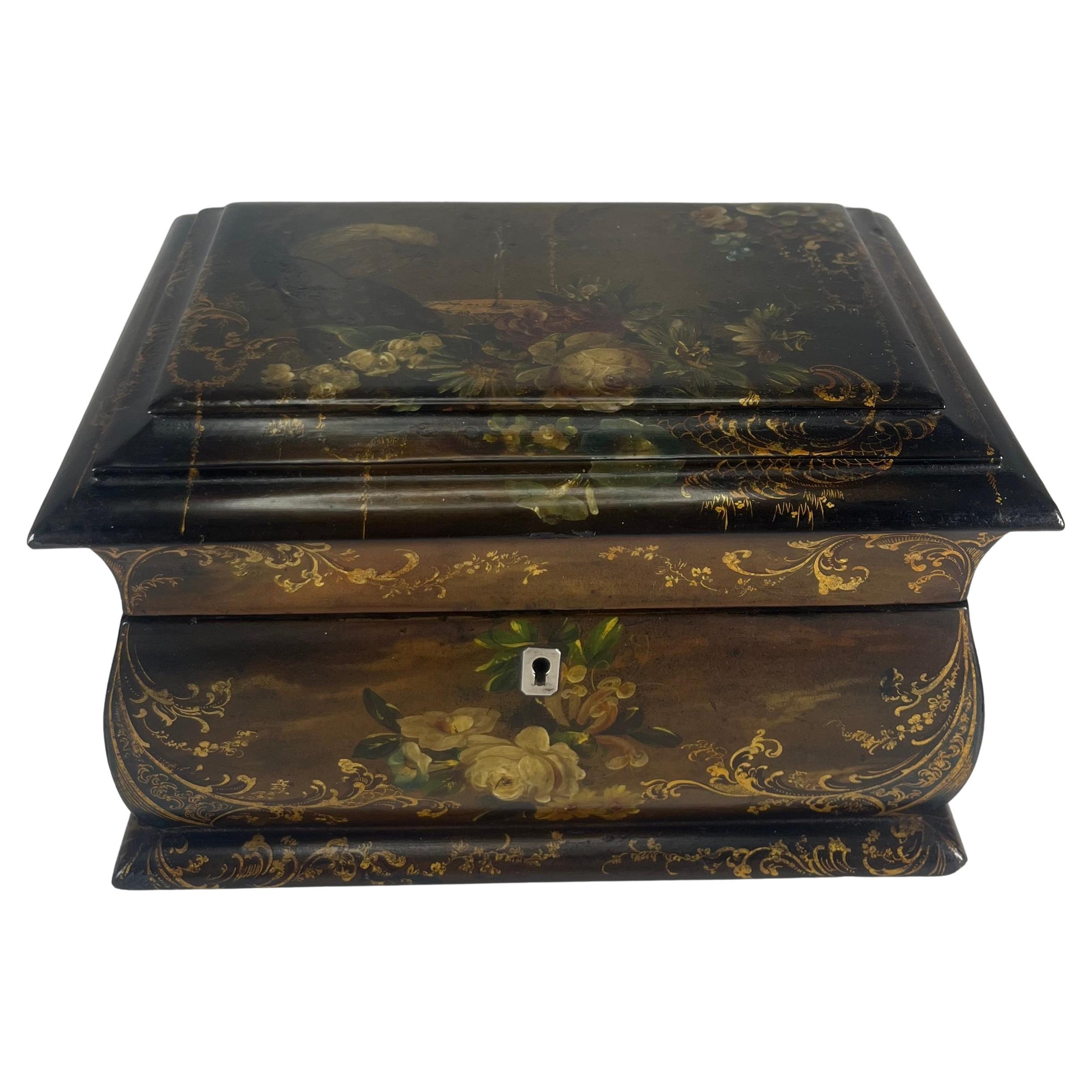 Antique English Paper Mache Tea Caddie W/ Original Cut Glass Sugar Bowl C. 1860 For Sale