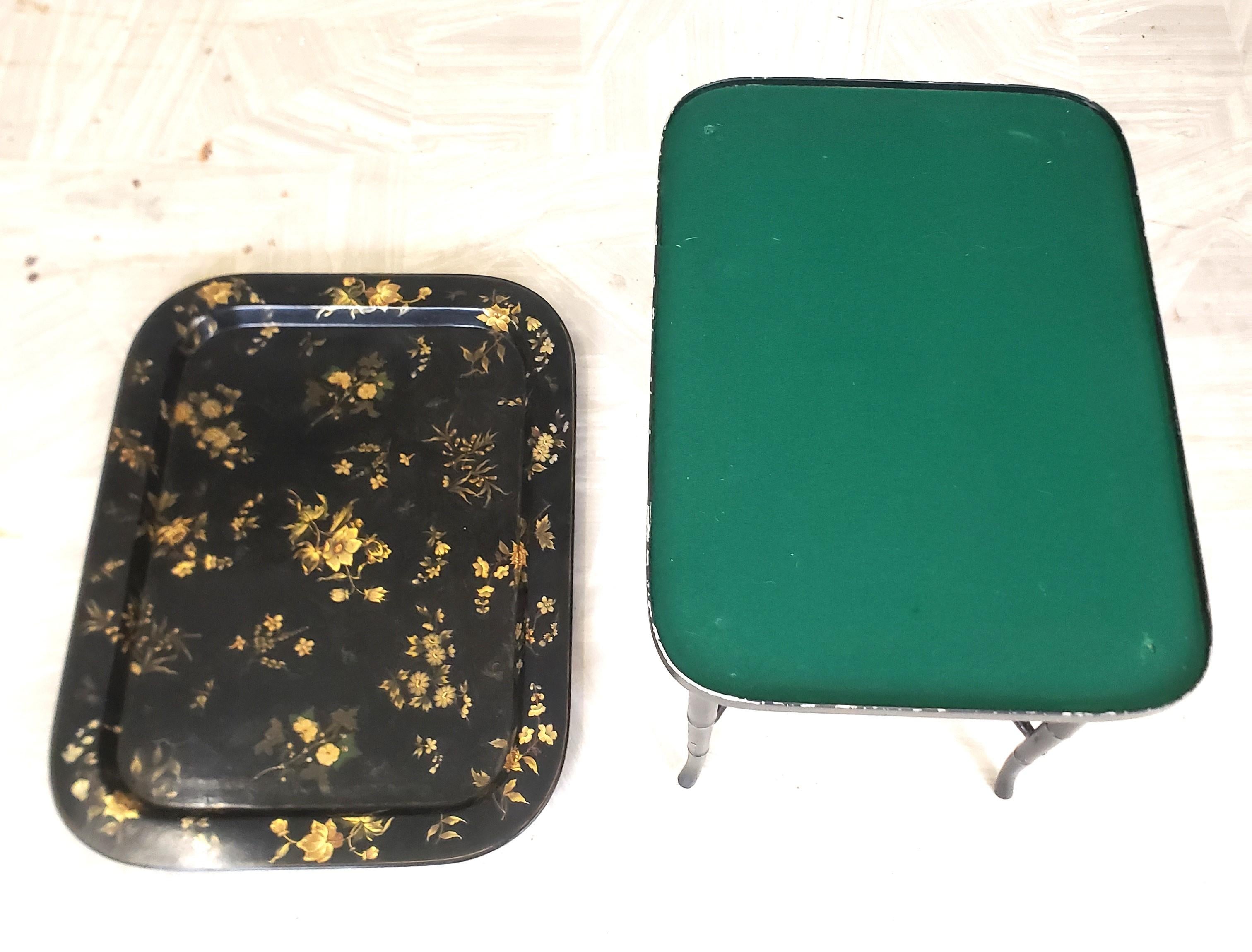 Antique English Paper Mache Tray Table with Faux Bamboo Legs & Floral Decoration For Sale 3