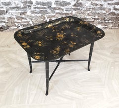 Antique English Paper Mache Tray Table with Faux Bamboo Legs & Floral Decoration