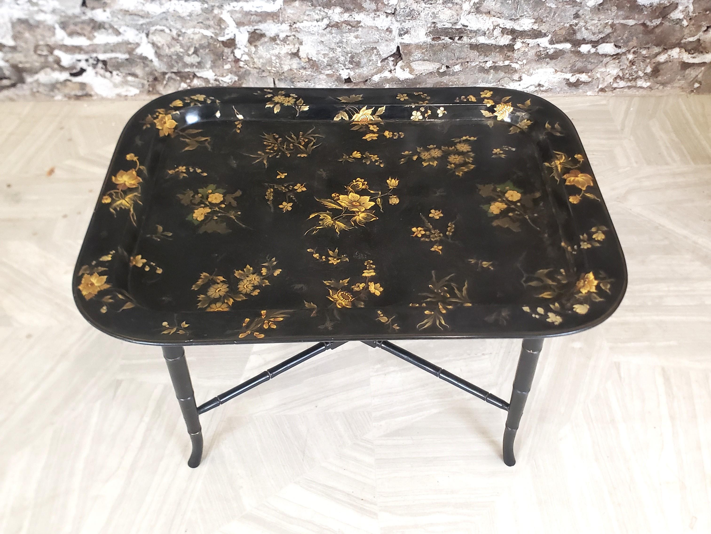 Victorian Antique English Paper Mache Tray Table with Faux Bamboo Legs & Floral Decoration For Sale