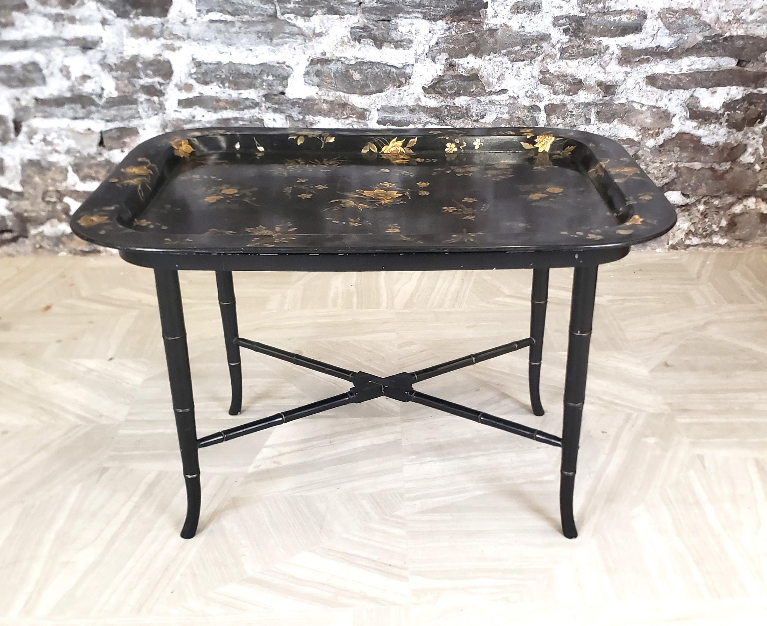19th Century Antique English Paper Mache Tray Table with Faux Bamboo Legs & Floral Decoration For Sale