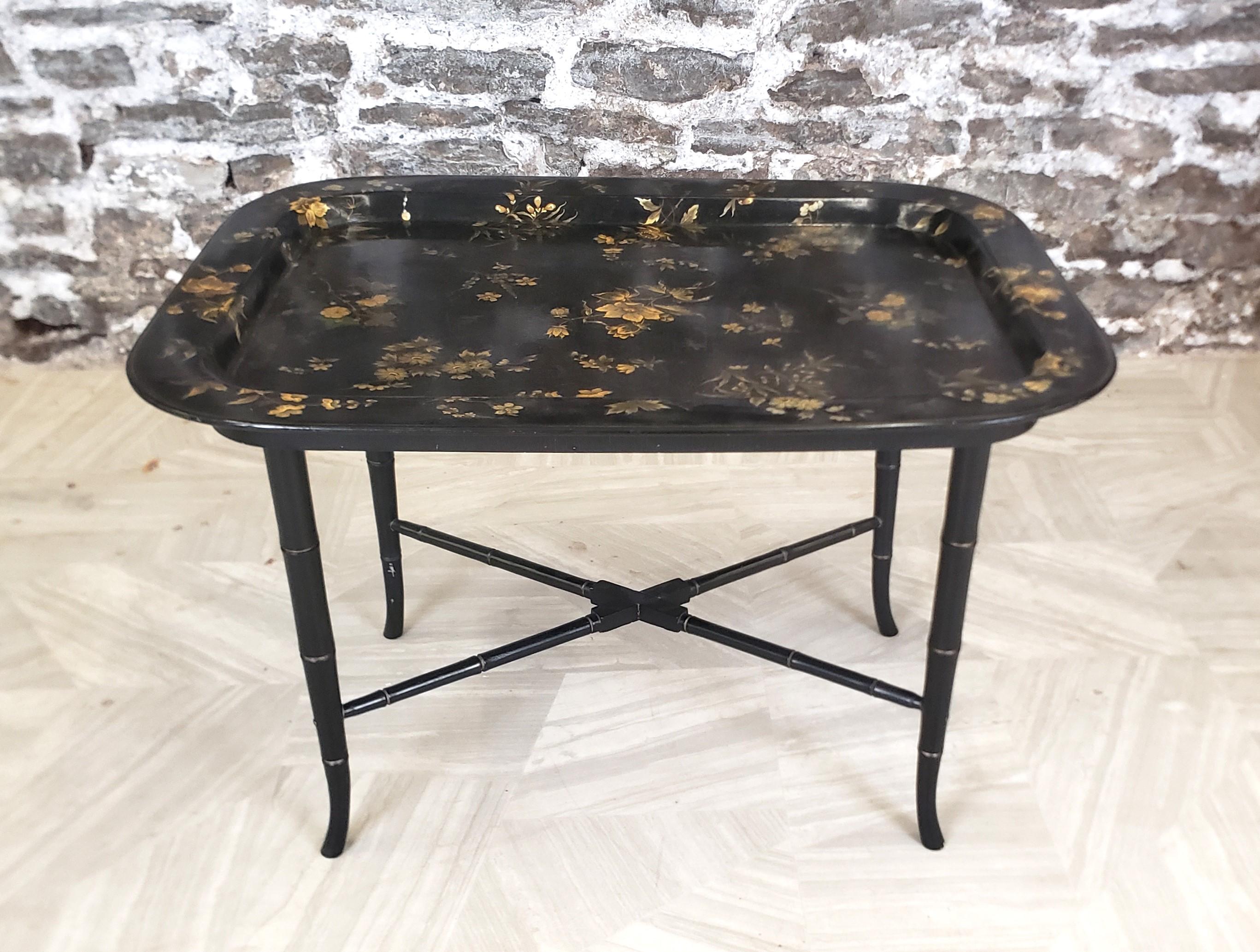 Antique English Paper Mache Tray Table with Faux Bamboo Legs & Floral Decoration For Sale 1