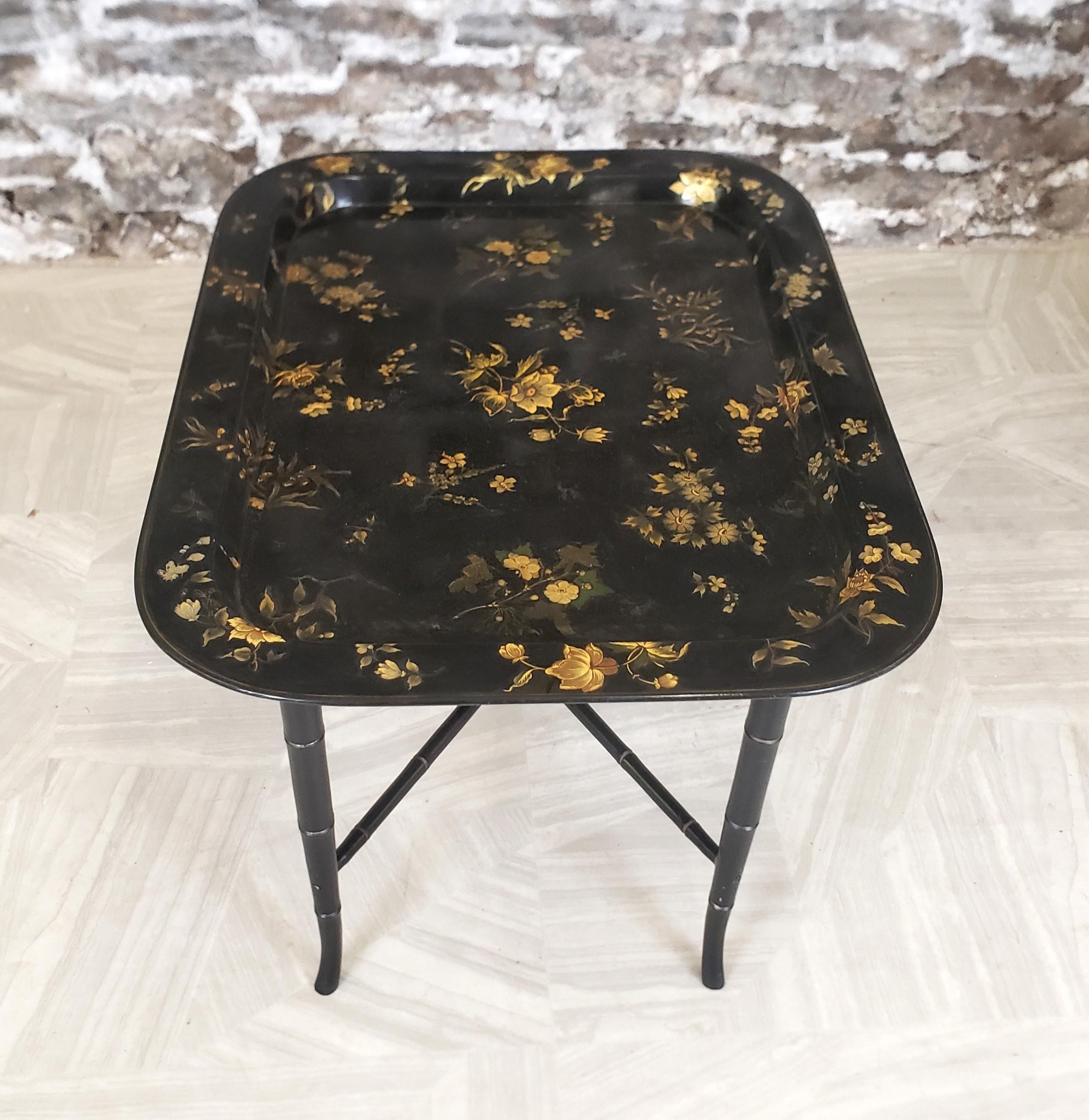 Antique English Paper Mache Tray Table with Faux Bamboo Legs & Floral Decoration For Sale 2