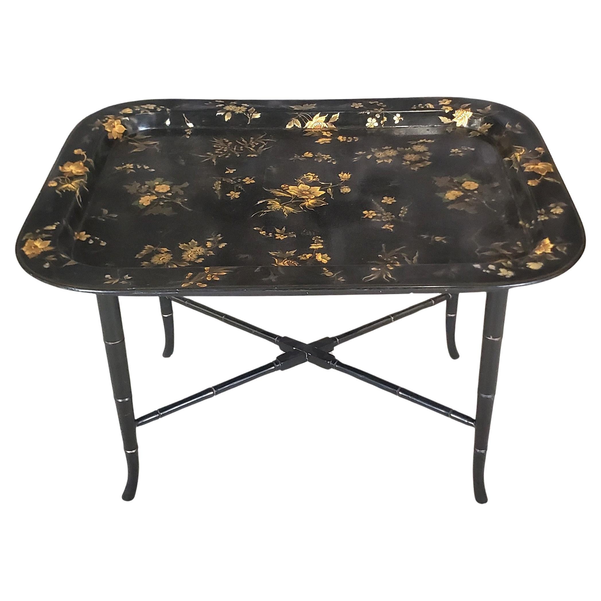 Antique English Paper Mache Tray Table with Faux Bamboo Legs & Floral Decoration For Sale