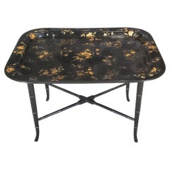 Antique English Paper Mache Tray Table with Faux Bamboo Legs & Floral Decoration