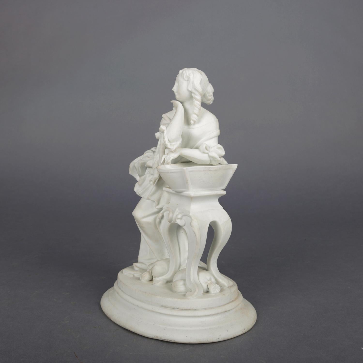 An antique English parian bisque figural grouping depicts a genre scene of woman standing over sand with wash bowl, maker mark on base as photographed, 19th century.

***DELIVERY NOTICE – Due to COVID-19 we are employing NO-CONTACT PRACTICES in the