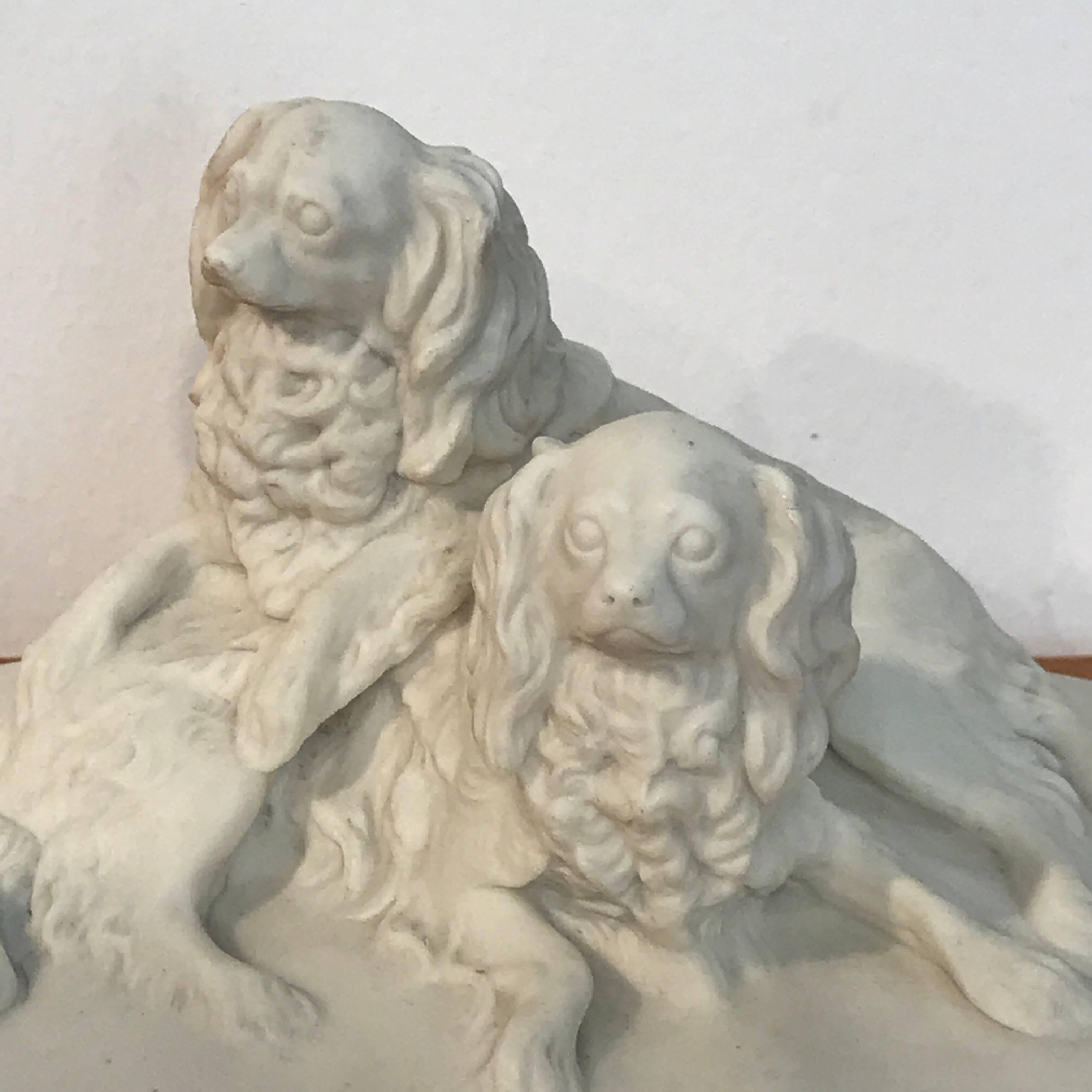 Antique English Parian King Charles Spaniels Group, by Copeland , Two lounging pooches on a tasseled cushion. Rare model.