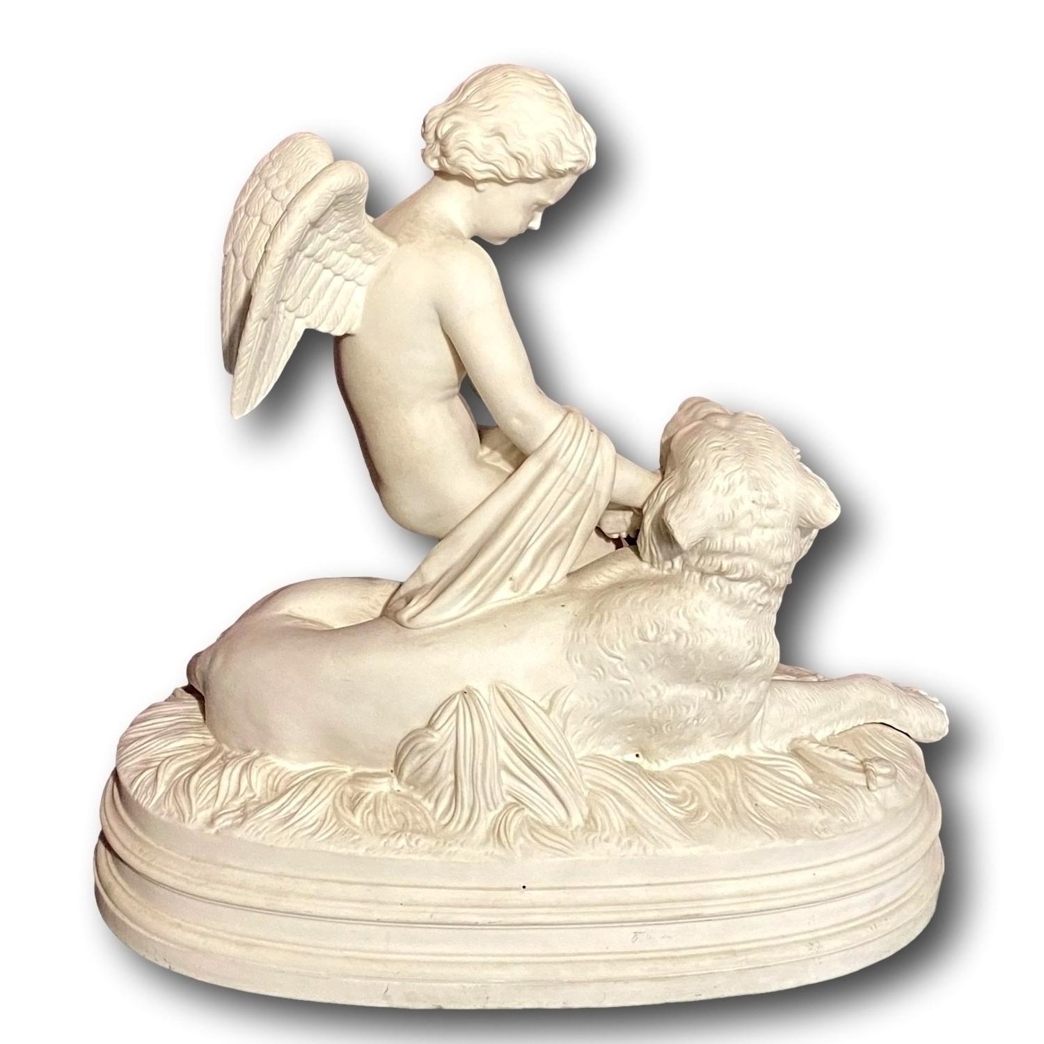 Inizio XX secolo Antica figura inglese in ceramica parigina Il potere dell'amore Cupido e il leone in vendita