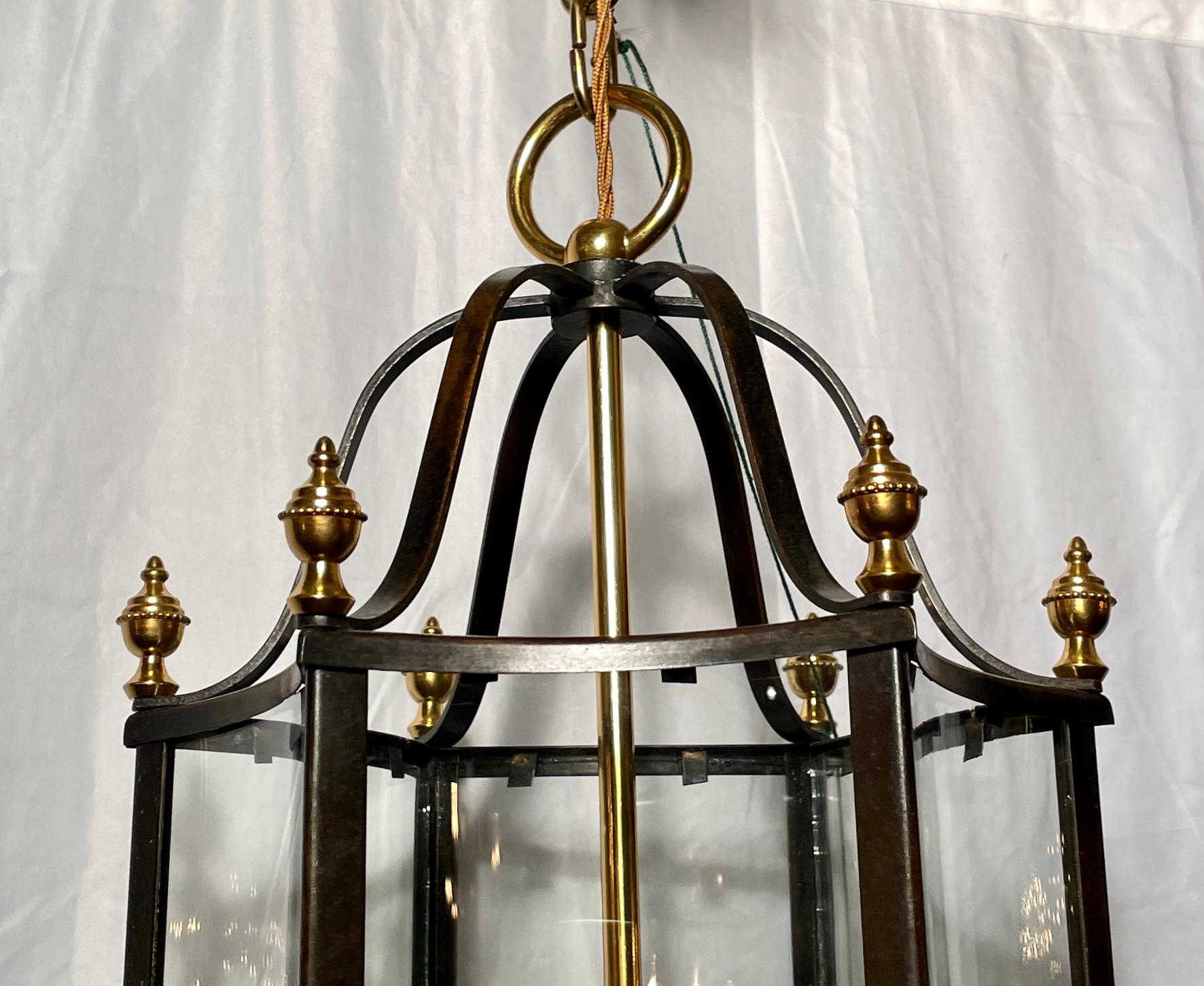 Antique English Patinated Bronze & Gold Bronze Lantern, circa 1920-1940 In Good Condition For Sale In New Orleans, LA