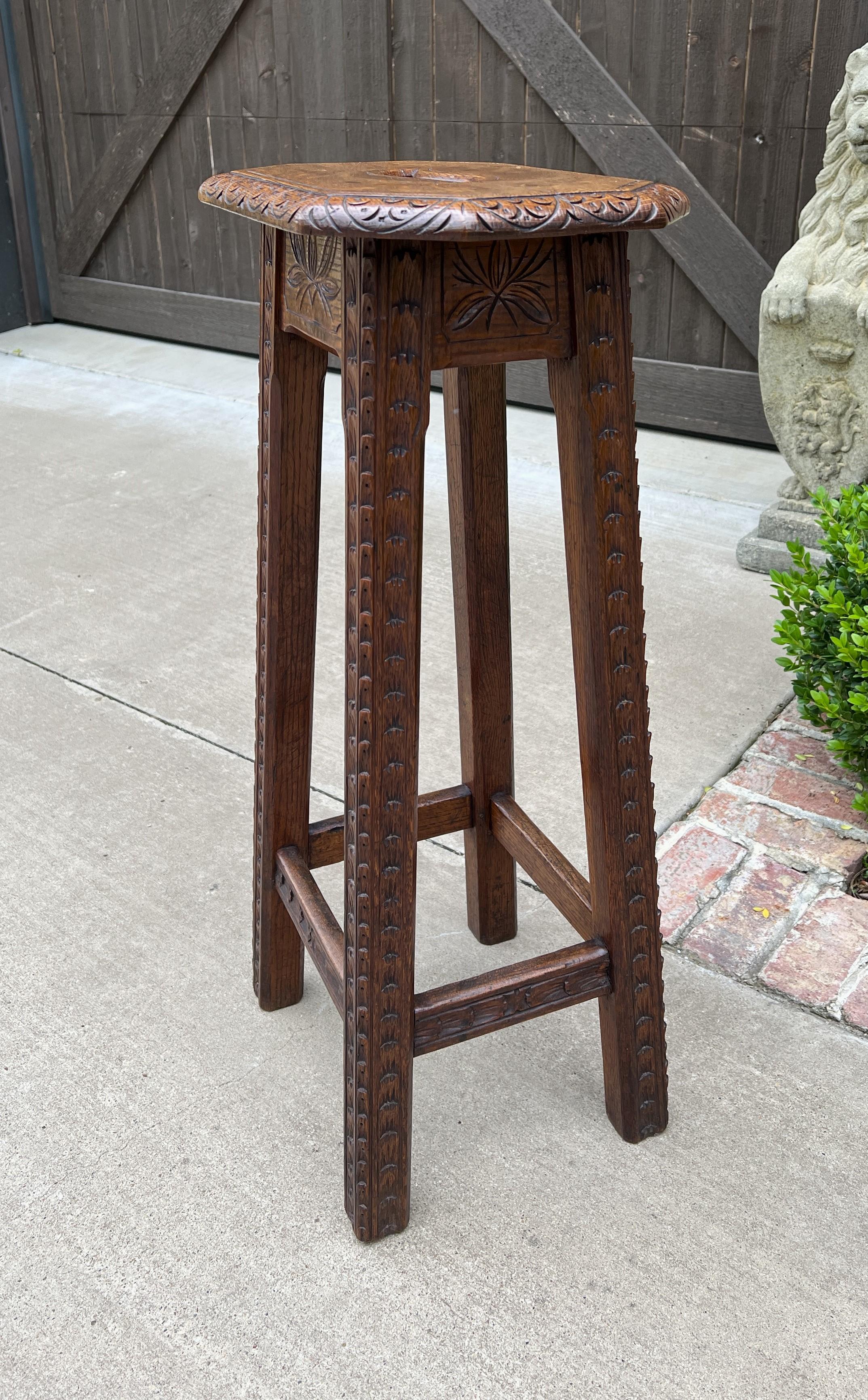 Antique English Pedestal Plant Stand Display Table Barstool Carved Oak 6