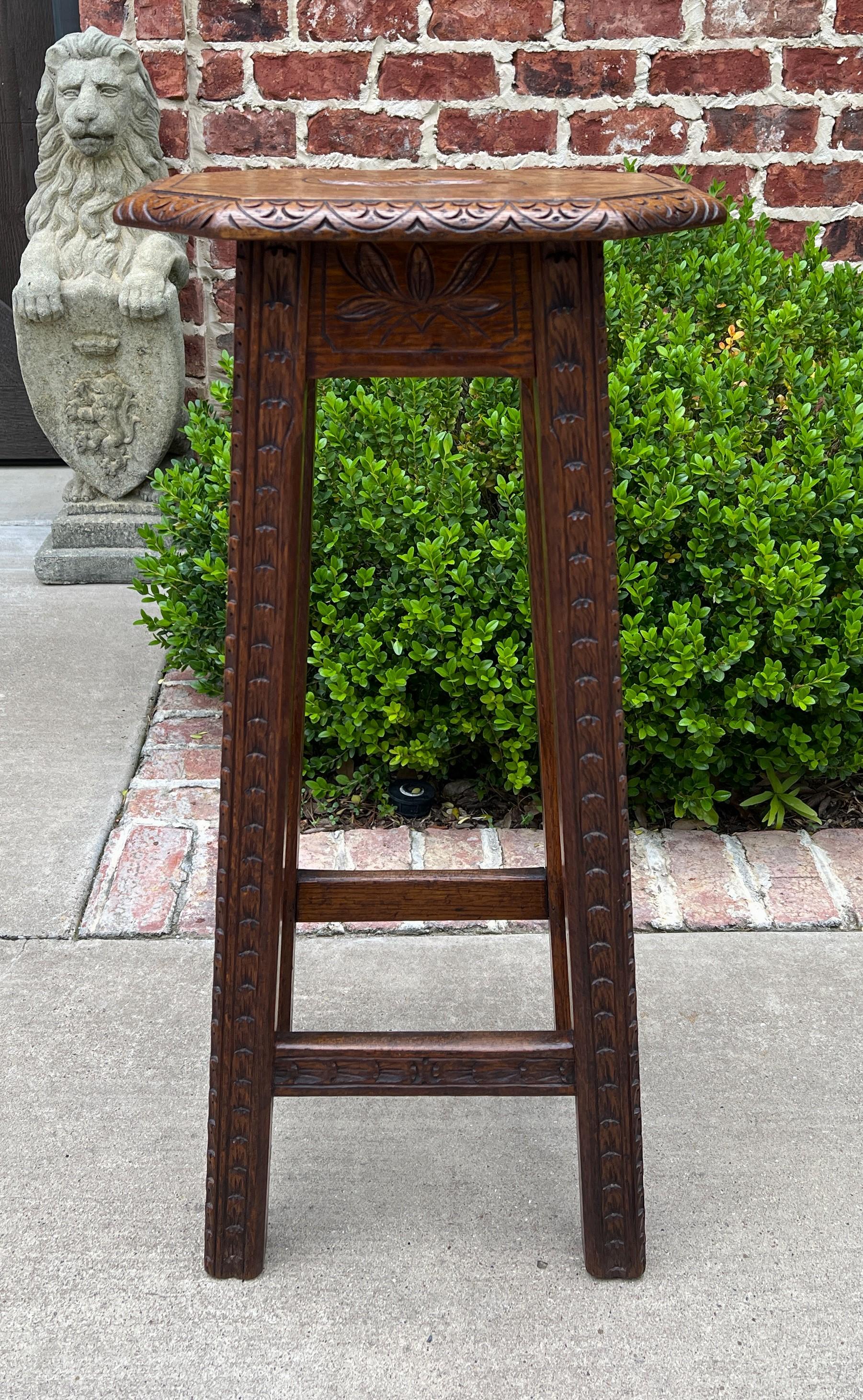 Antique English Pedestal Plant Stand Display Table Barstool Carved Oak 10