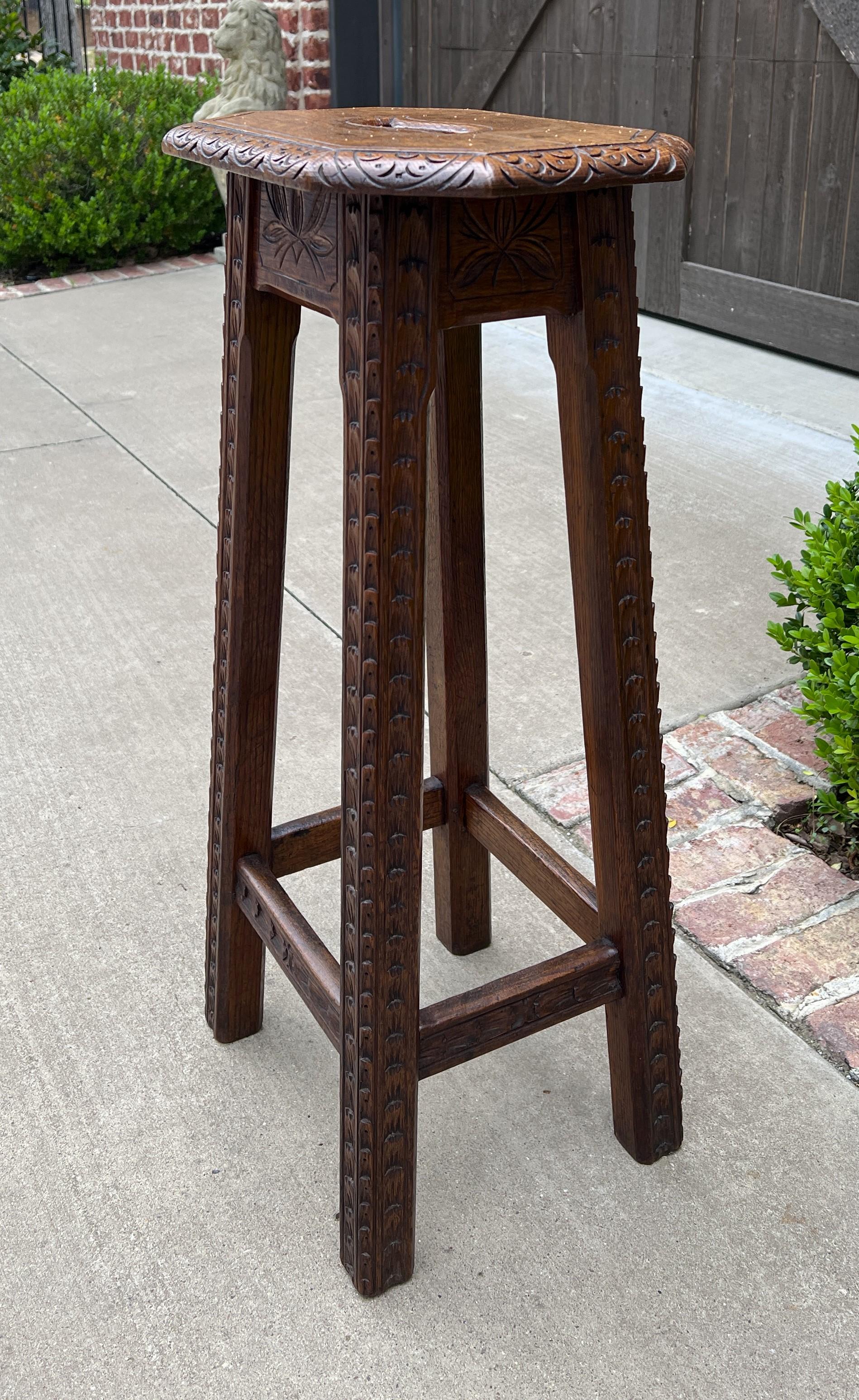 Antique English Pedestal Plant Stand Display Table Barstool Carved Oak 12