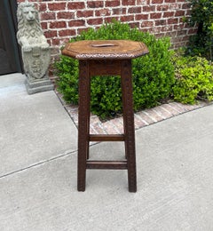 Antique English Pedestal Plant Stand Display Table Barstool Carved Oak