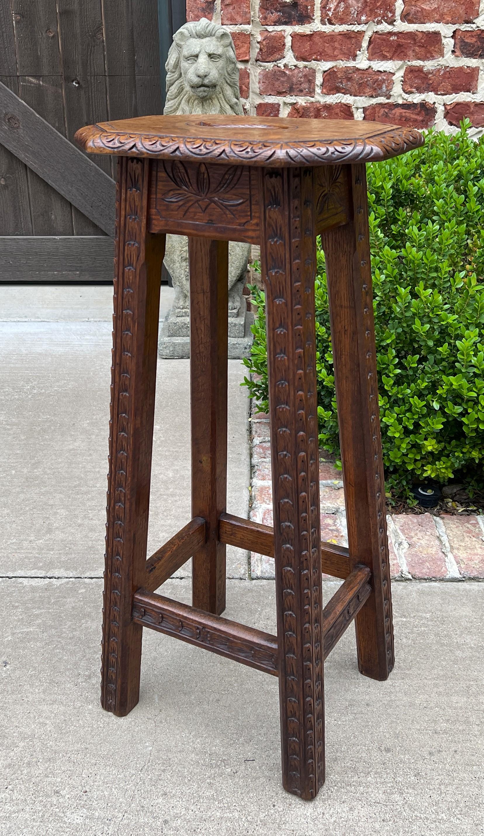 Arts and Crafts Antique English Pedestal Plant Stand Display Table Barstool Carved Oak