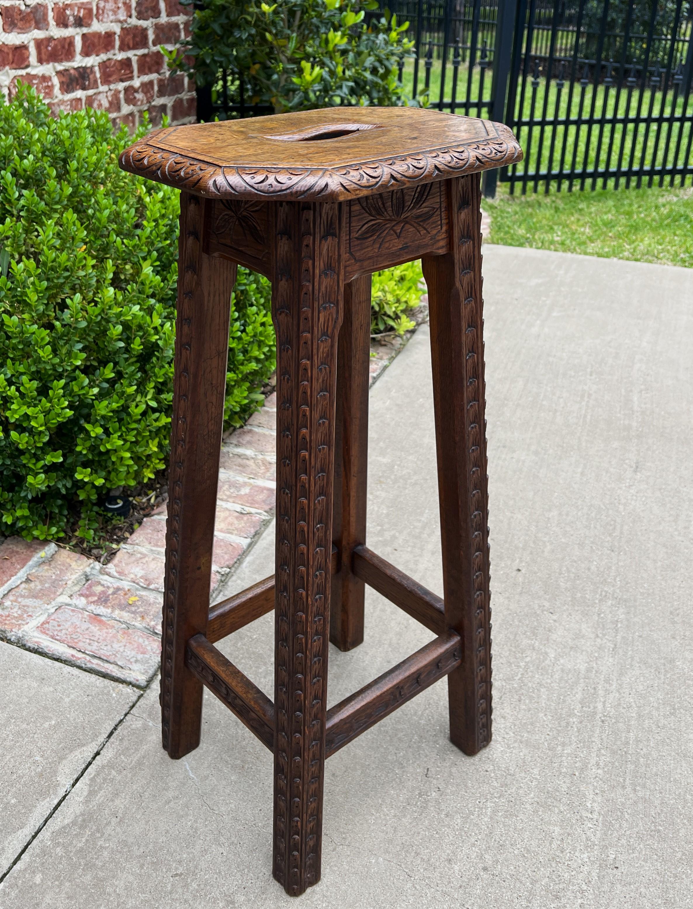 Antique English Pedestal Plant Stand Display Table Barstool Carved Oak 1