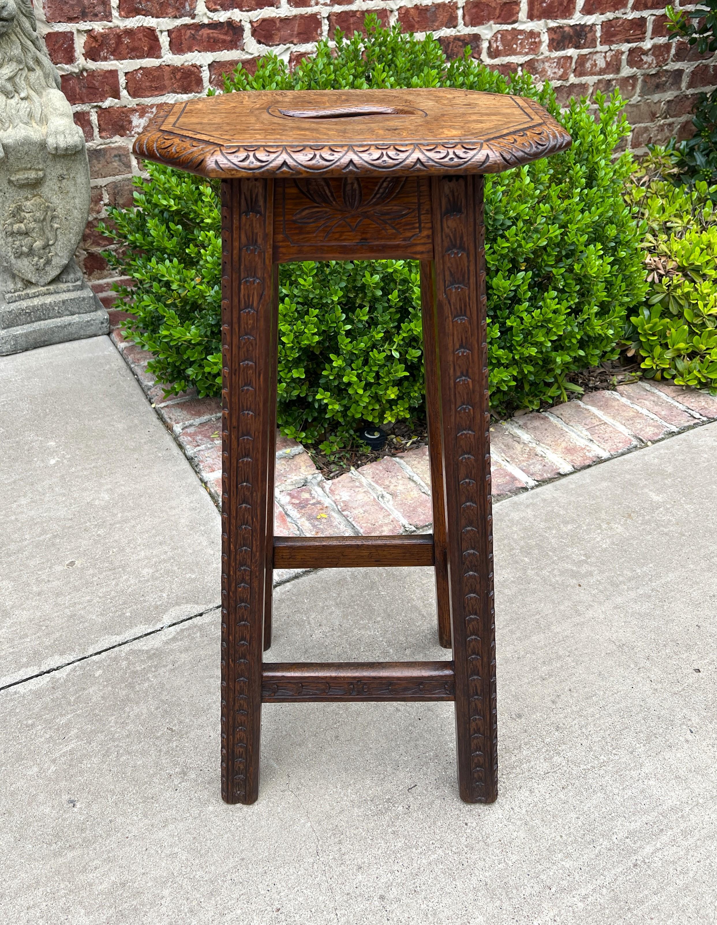 Antique English Pedestal Plant Stand Display Table Barstool Carved Oak 2