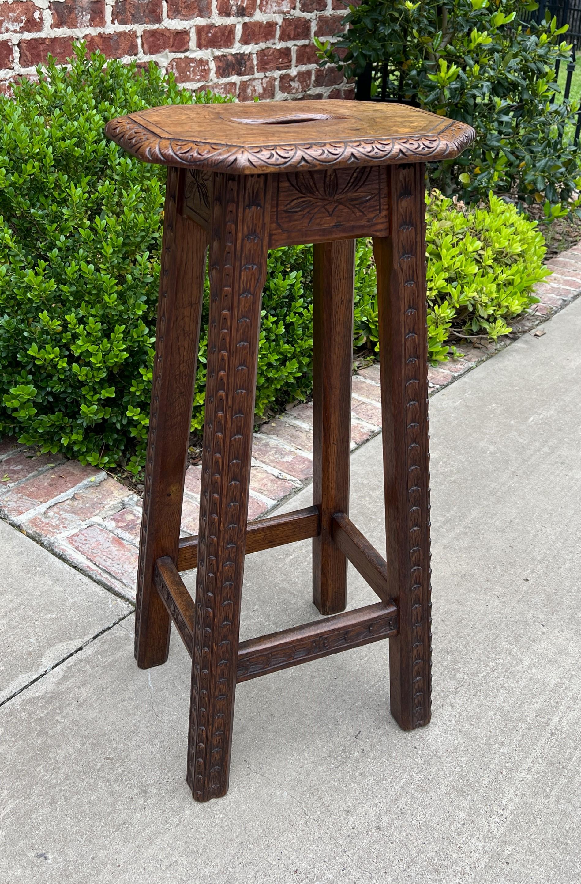 Antique English Pedestal Plant Stand Display Table Barstool Carved Oak 4