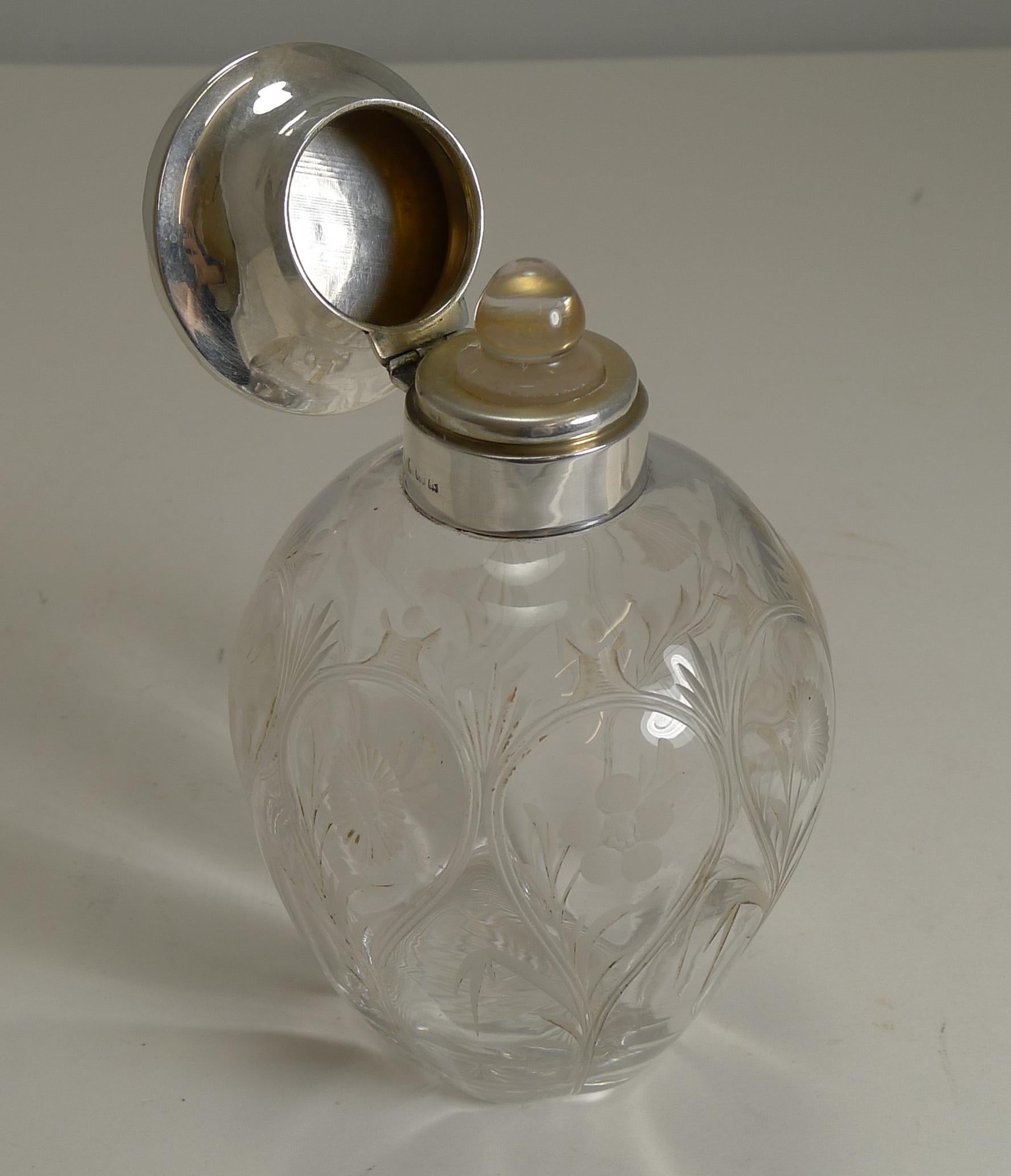 Early 20th Century Antique English Perfume Bottle, Sterling Silver and Guilloche Enamel Top, 1909