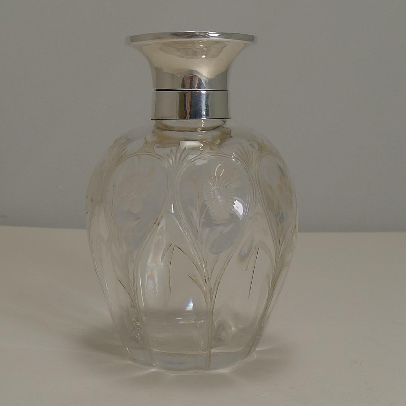 Antique English Perfume Bottle, Sterling Silver and Guilloche Enamel Top, 1909 2