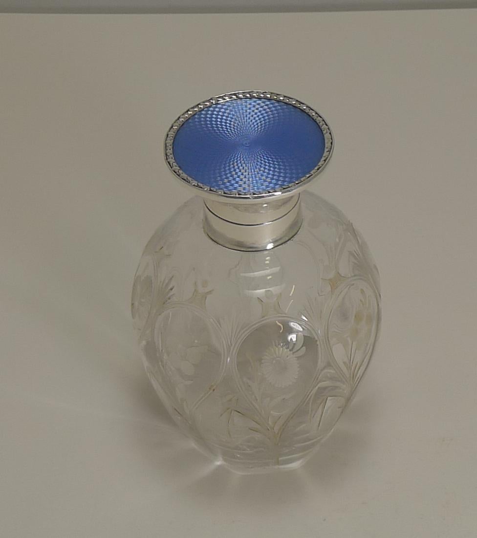 Antique English Perfume Bottle, Sterling Silver and Guilloche Enamel Top, 1909 3
