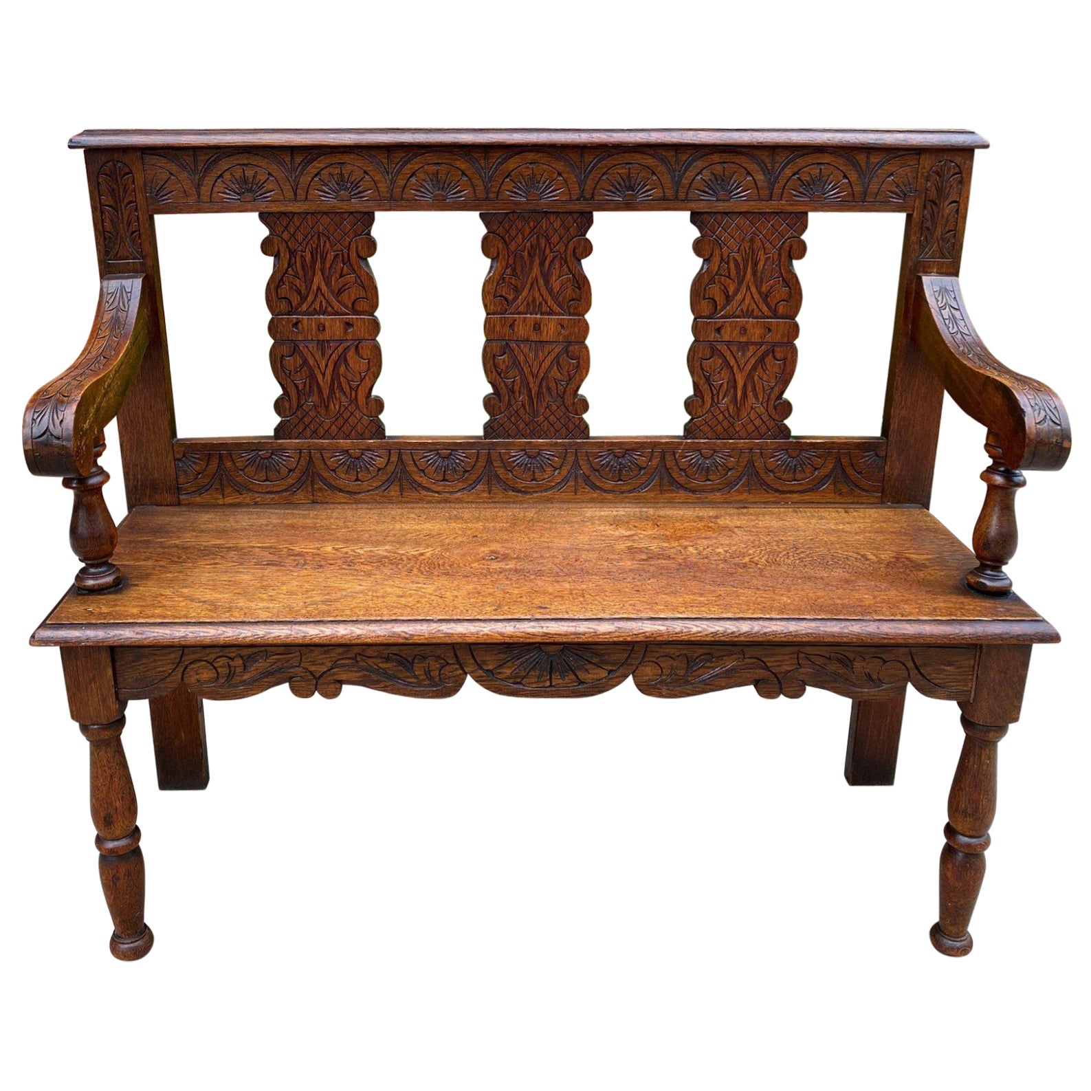 Antique English Petite Bench Settee Hall Entry Bench Banquette Oak 19thC