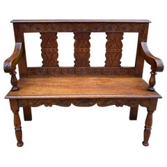 Antique English Petite Bench Settee Hall Entry Bench Banquette Oak 19thC