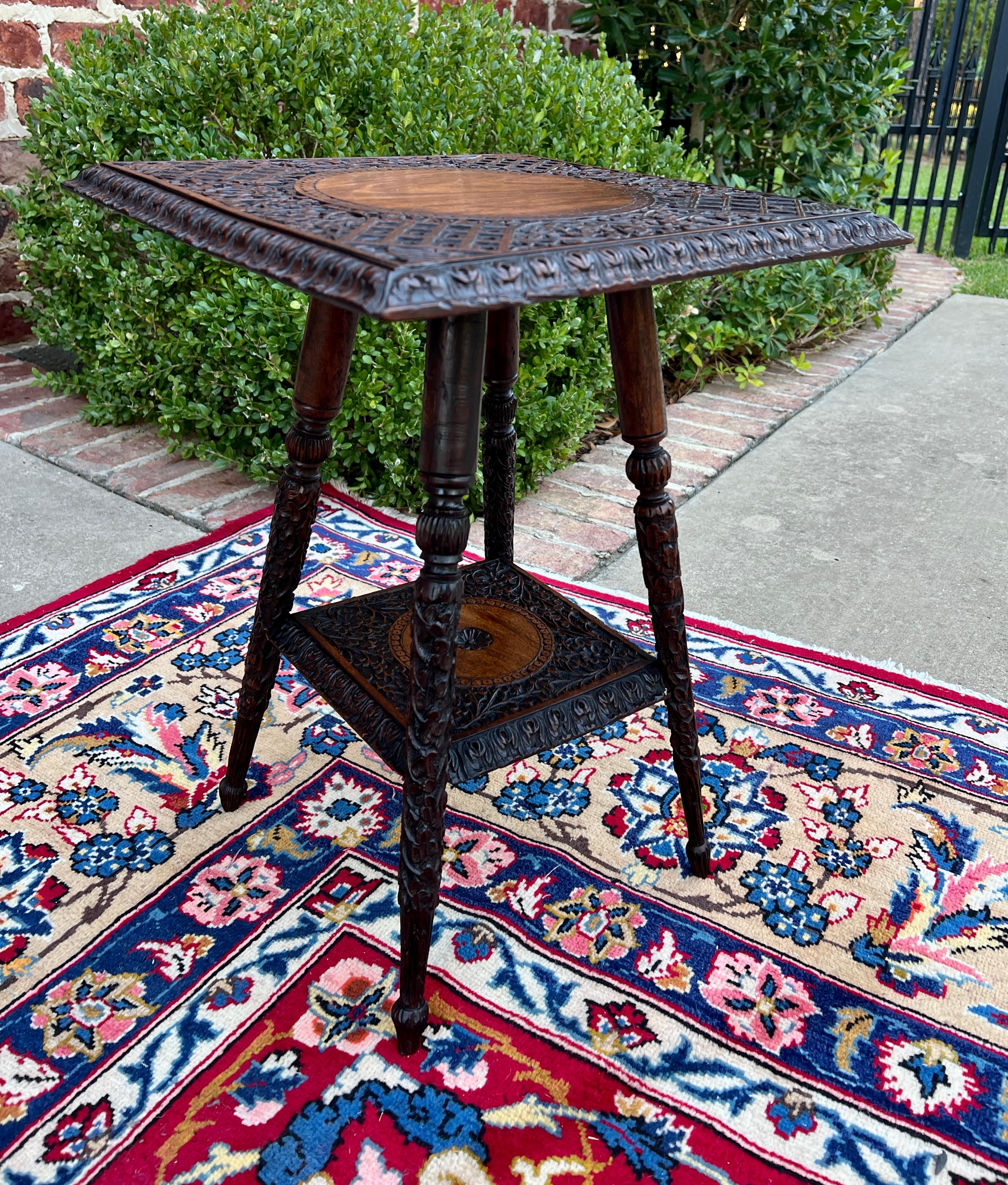 Antique English Petite Dark Oak End Table 2 Tier Square Side Table Carved 6