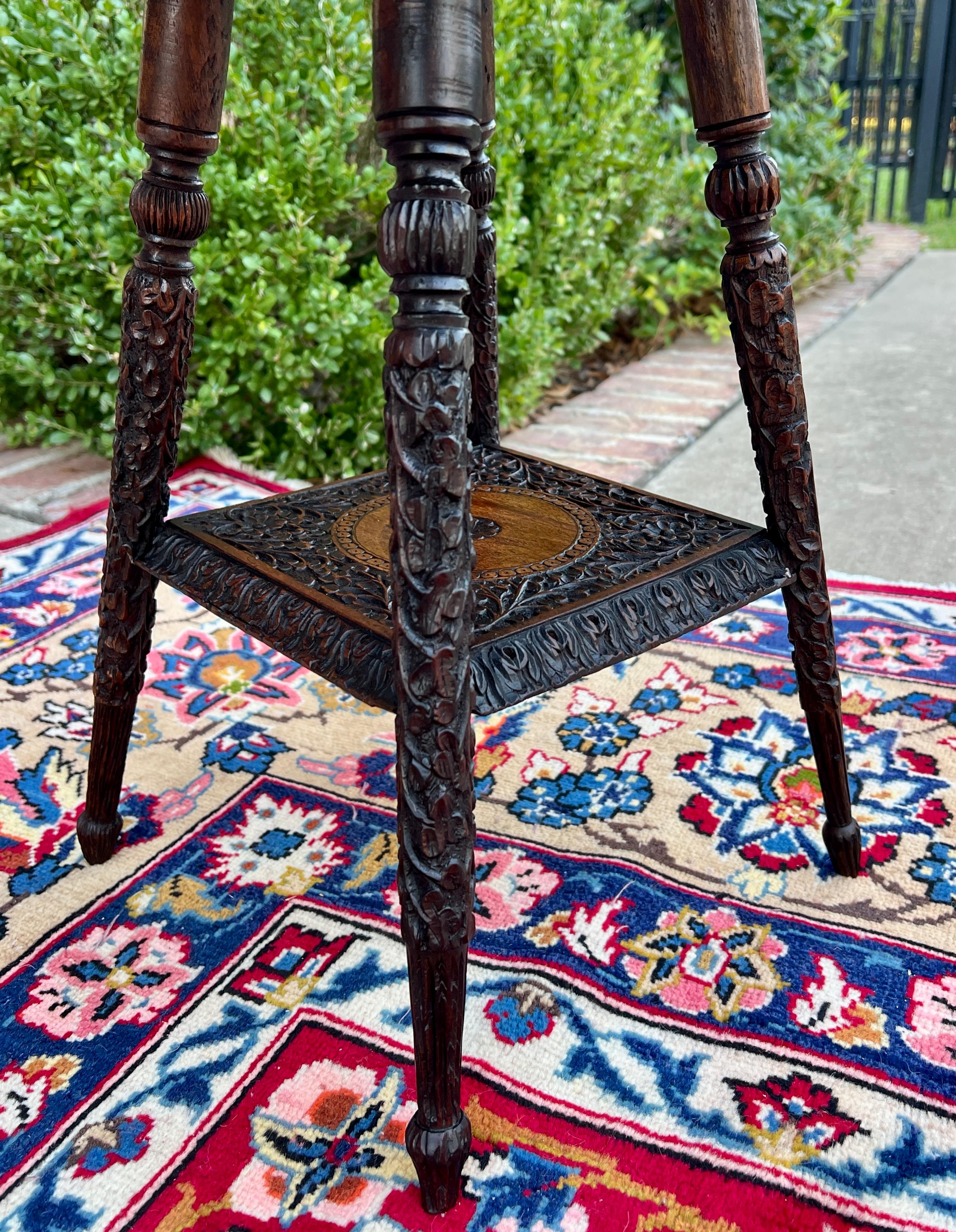 Antique English Petite Dark Oak End Table 2 Tier Square Side Table Carved 7