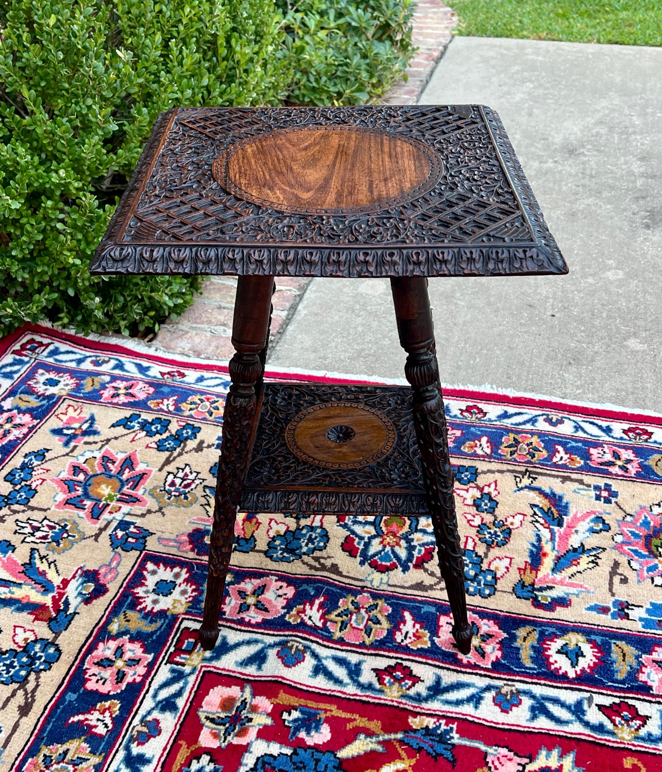 Antique English Petite Dark Oak End Table 2 Tier Square Side Table Carved 9