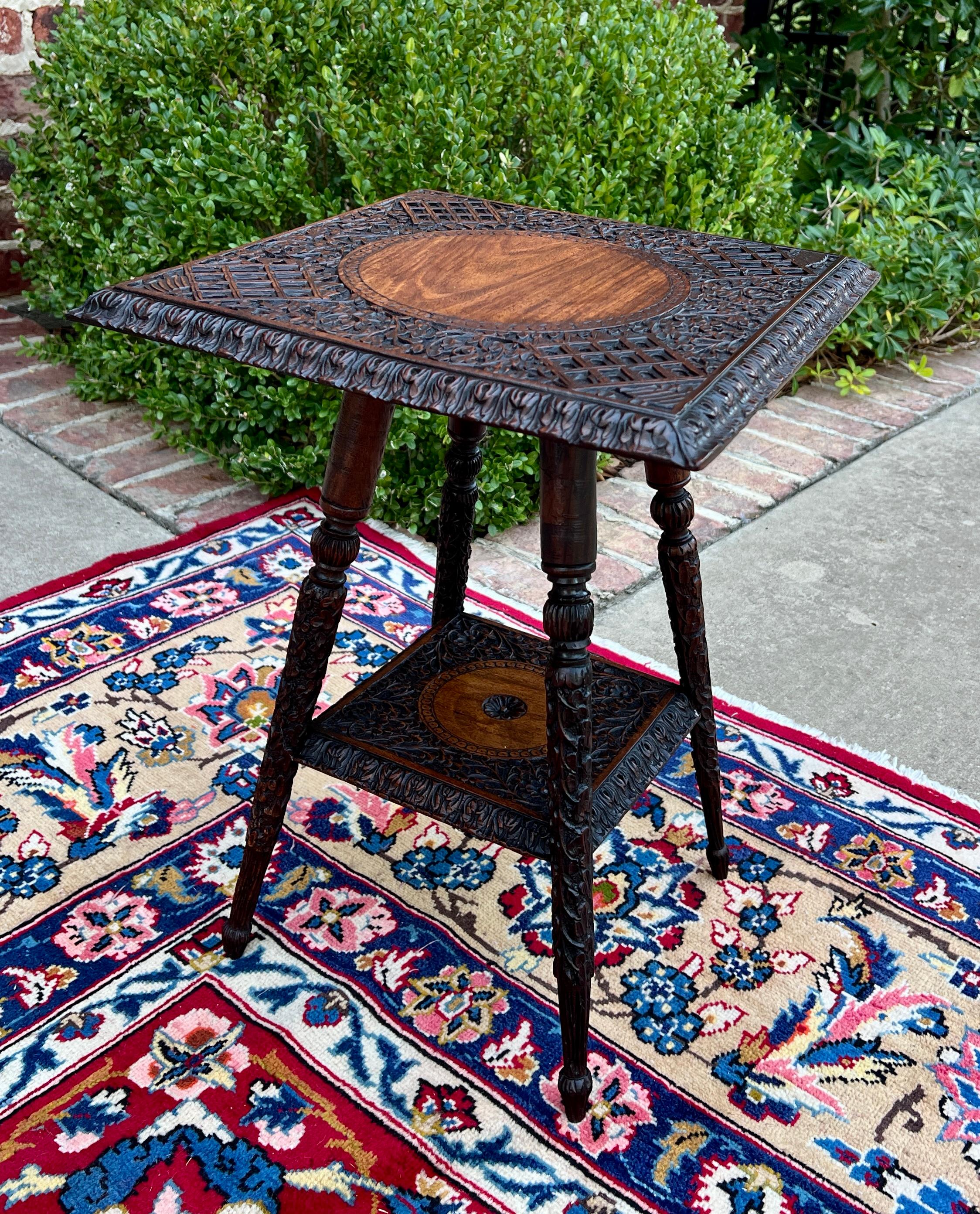 Antique English Petite Dark Oak End Table 2 Tier Square Side Table Carved 10