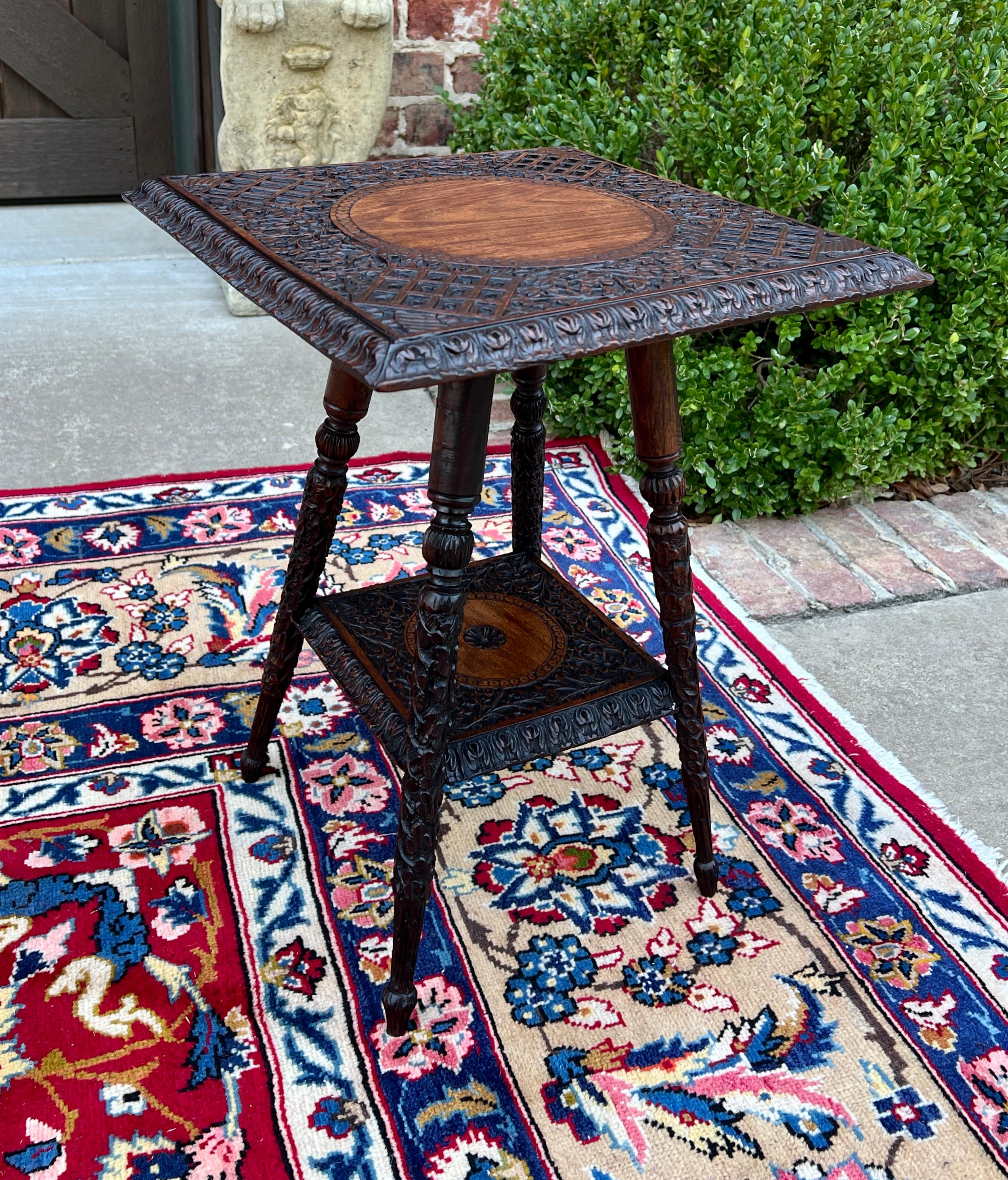 Antique English Petite Dark Oak End Table 2 Tier Square Side Table Carved 11