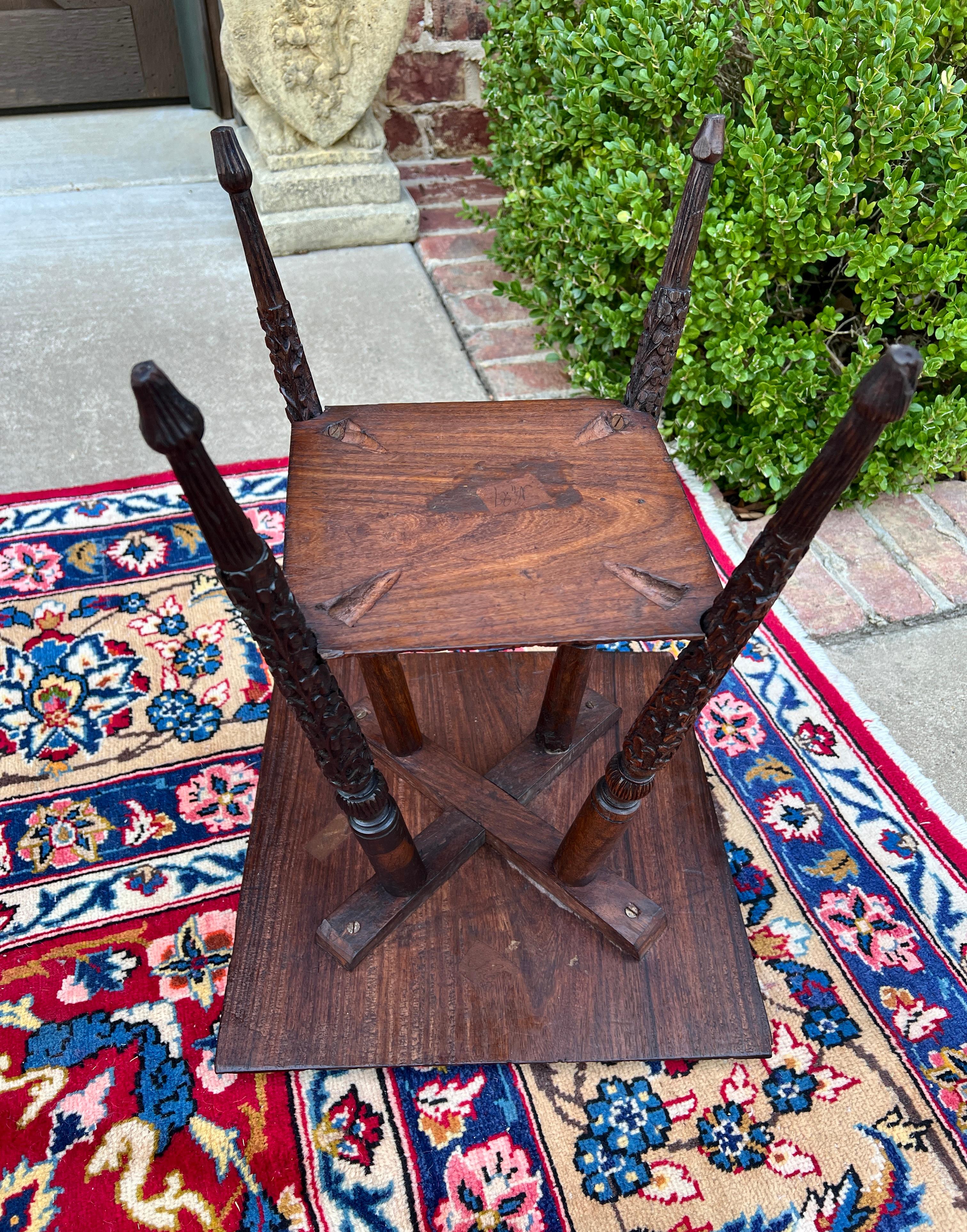 Antique English Petite Dark Oak End Table 2 Tier Square Side Table Carved 12