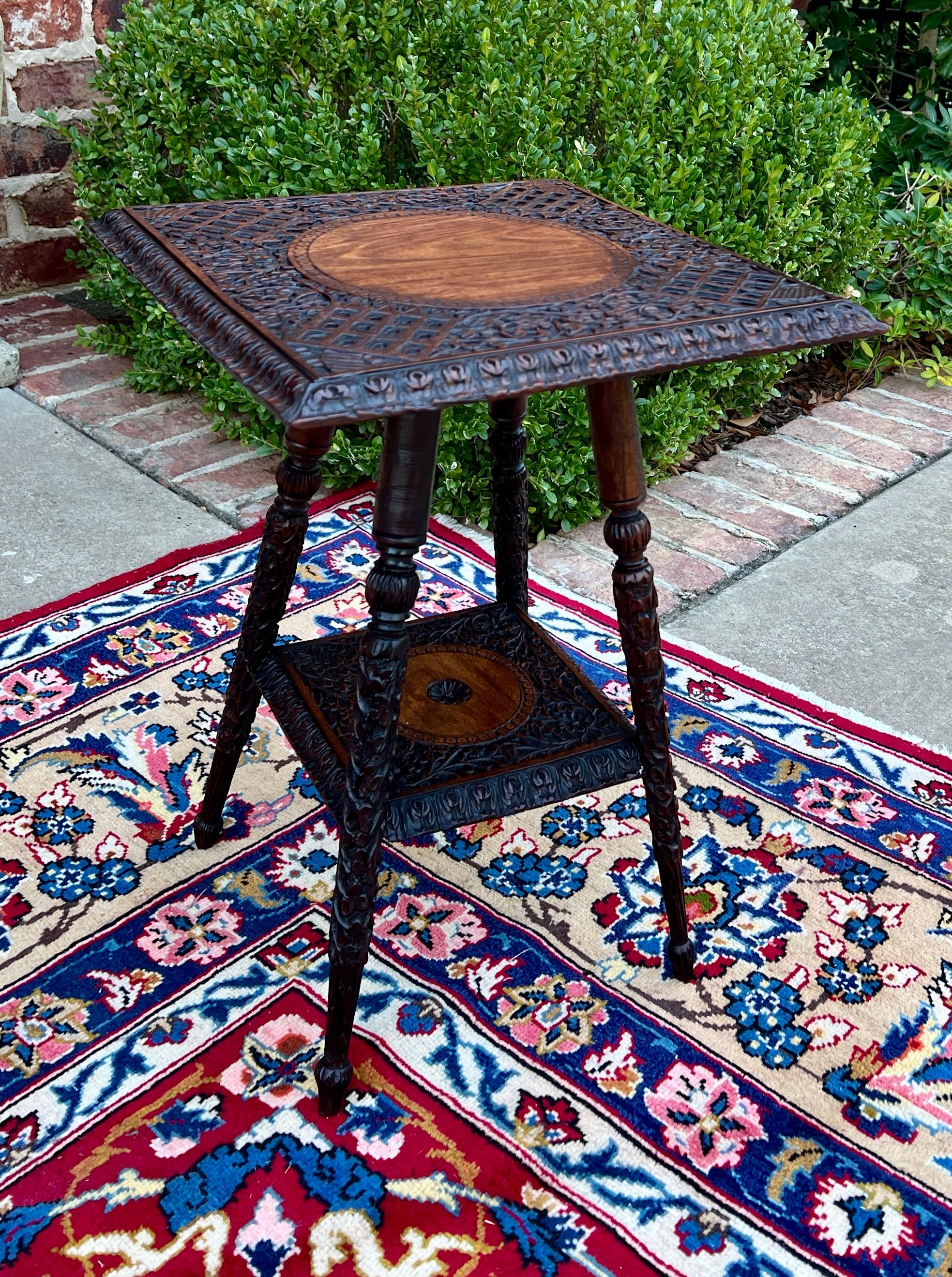 GORGEOUS Antique English Dark Oak Highly Carved End Table Side Occasional Table~~Square Top~~c. 1900s-1920s

        Highly carved square top and lower tier with carved splayed legs and center medallions

        Versatile size~~19.5