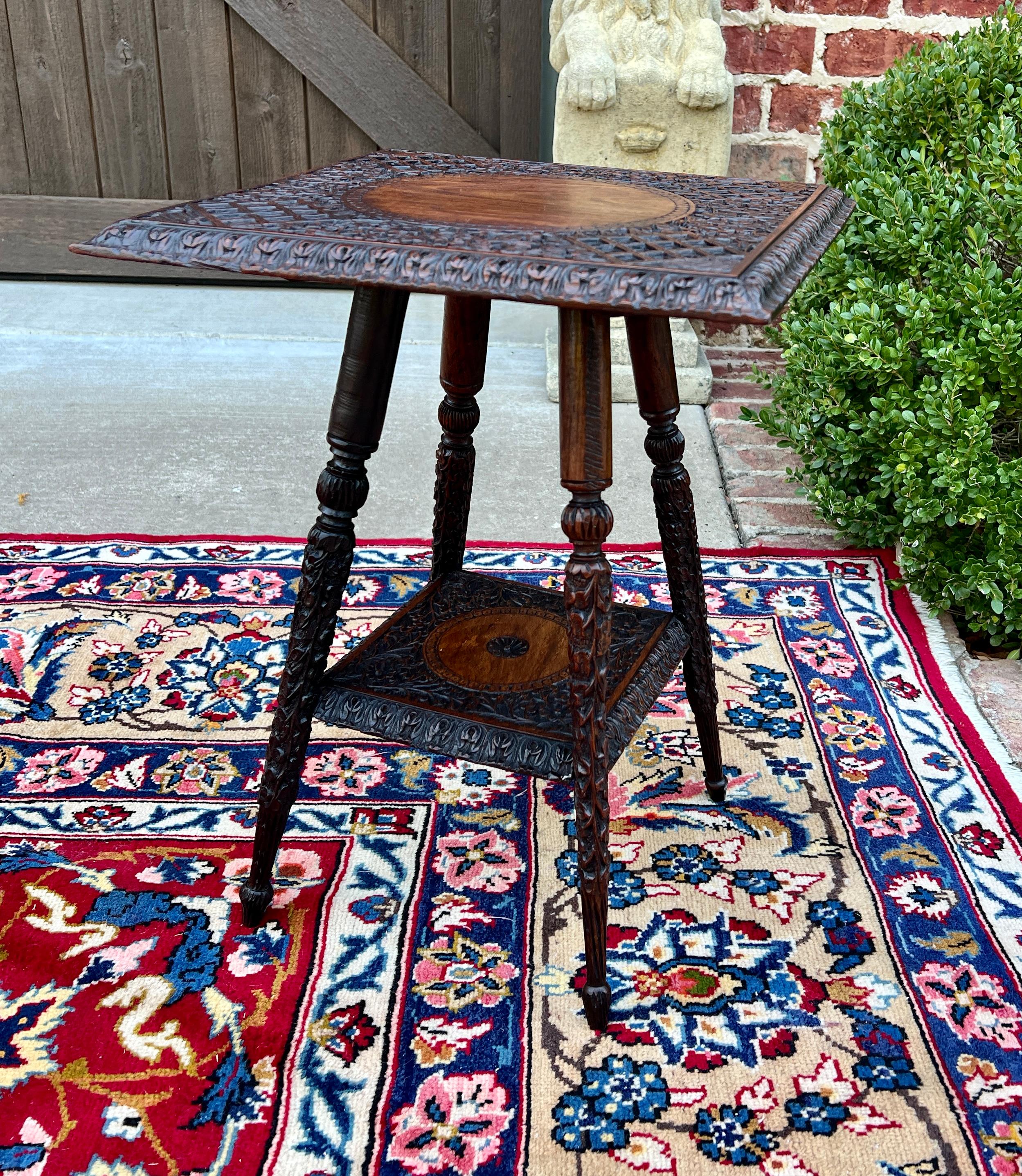 Arts and Crafts Antique English Petite Dark Oak End Table 2 Tier Square Side Table Carved