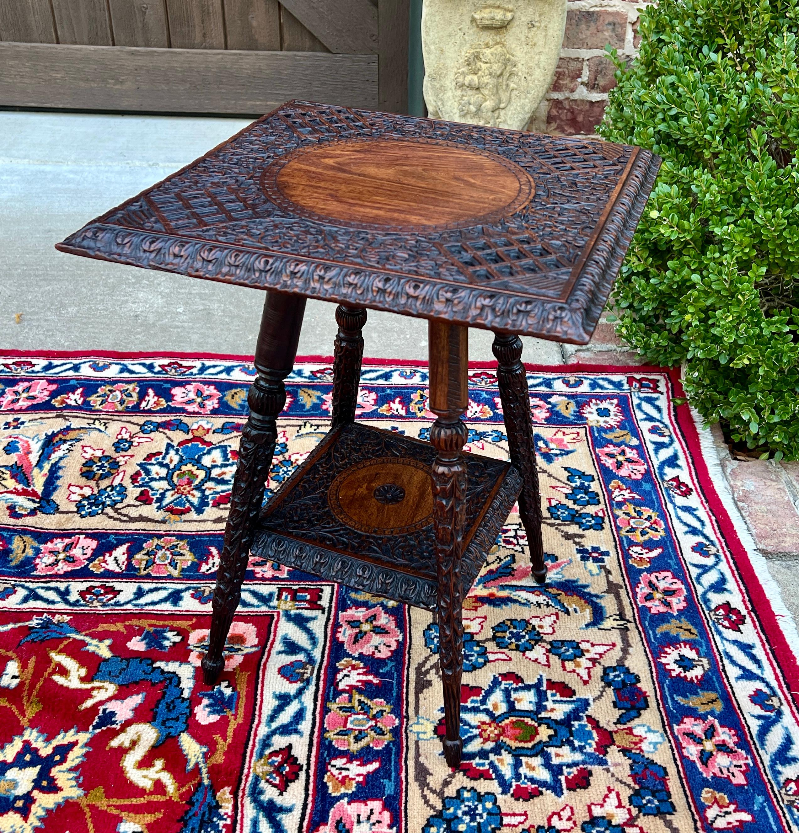 Antique English Petite Dark Oak End Table 2 Tier Square Side Table Carved In Good Condition In Tyler, TX
