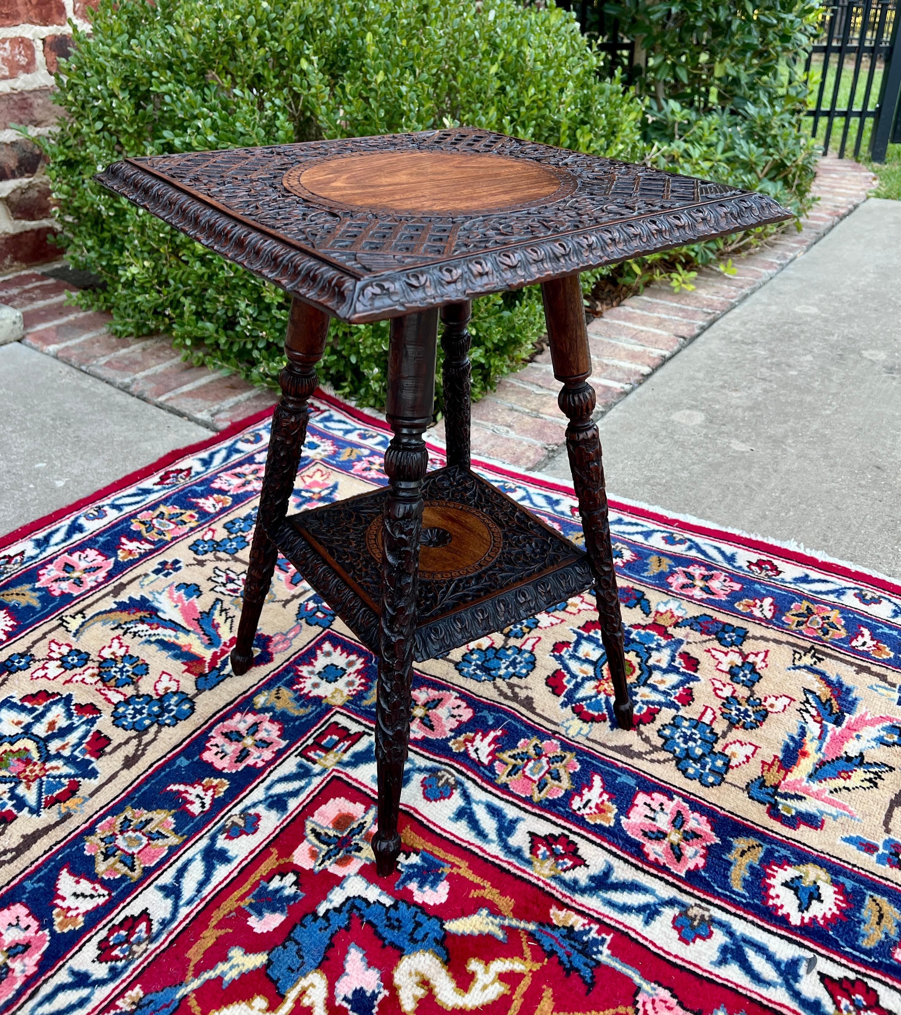 Early 20th Century Antique English Petite Dark Oak End Table 2 Tier Square Side Table Carved