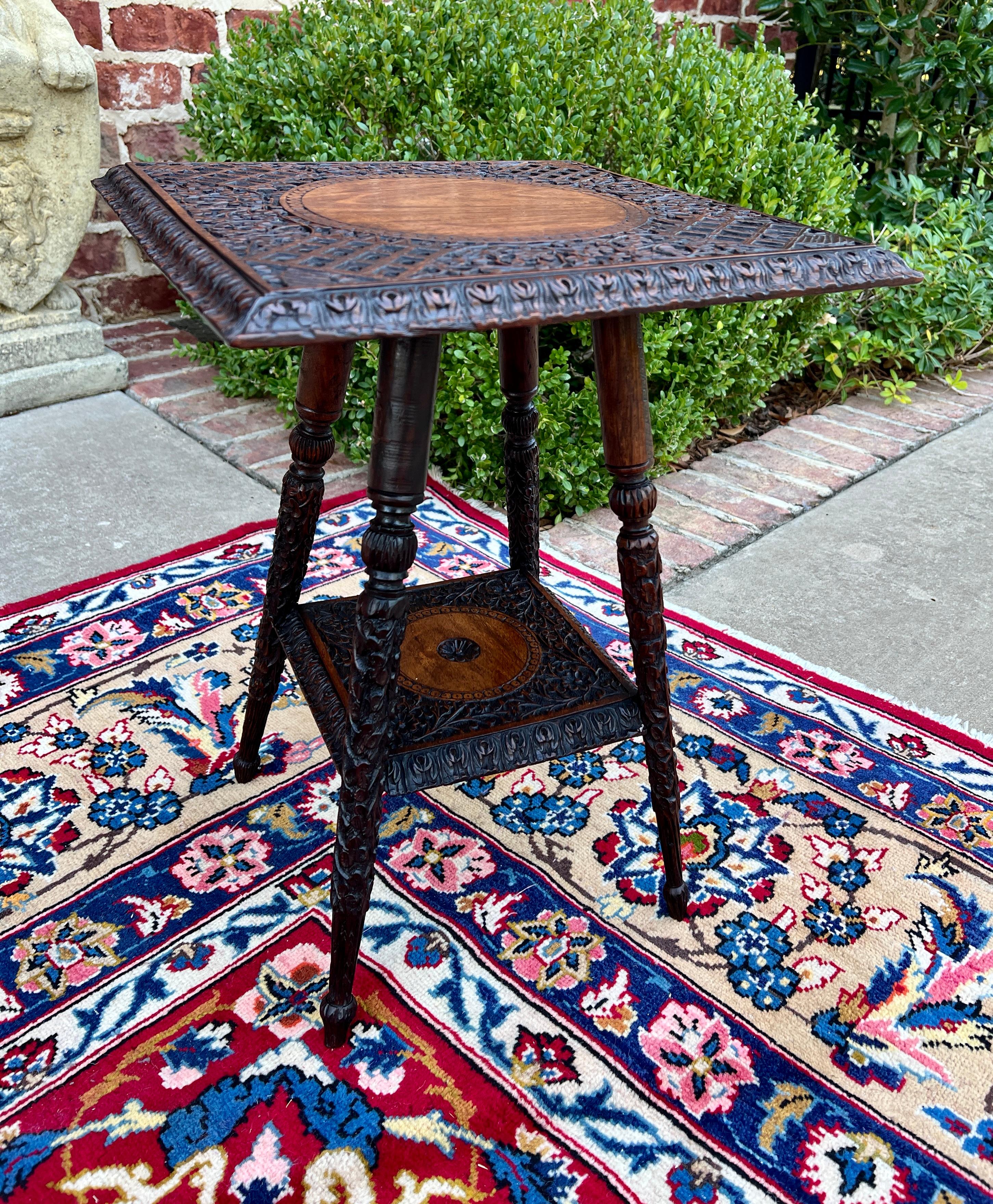 Antique English Petite Dark Oak End Table 2 Tier Square Side Table Carved 1