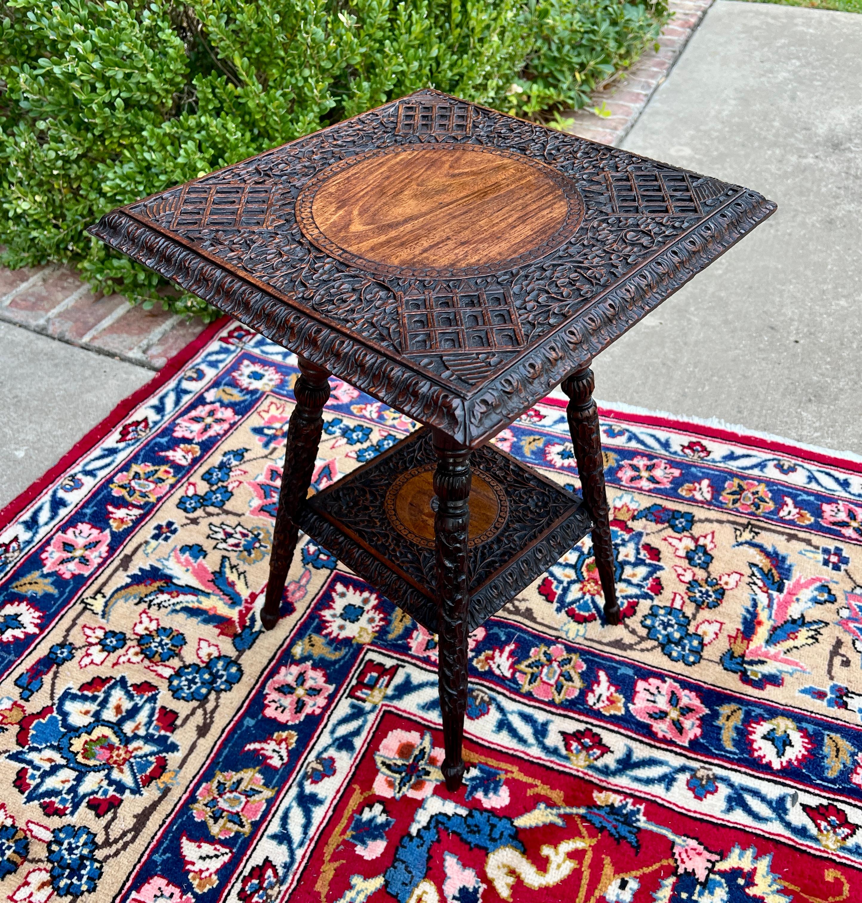 Antique English Petite Dark Oak End Table 2 Tier Square Side Table Carved 2