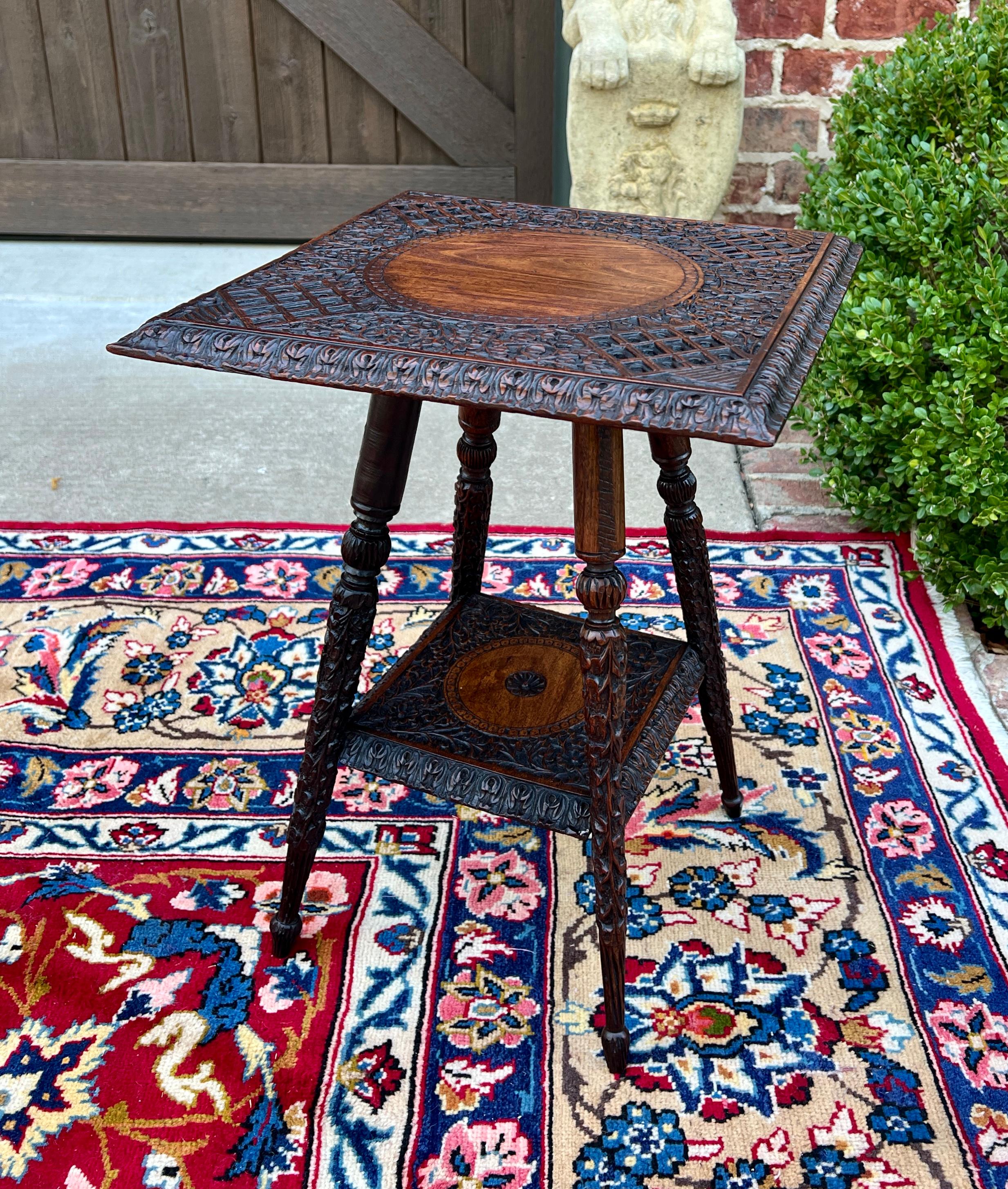 Antique English Petite Dark Oak End Table 2 Tier Square Side Table Carved 3