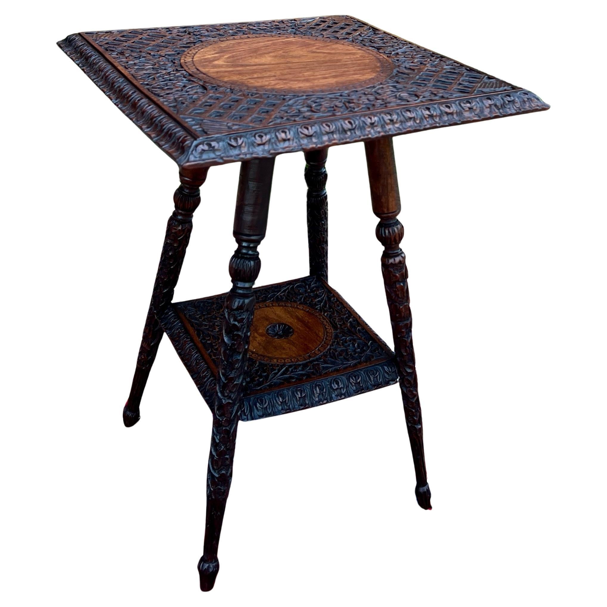 Antique English Petite Dark Oak End Table 2 Tier Square Side Table Carved
