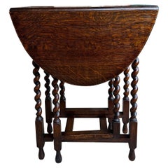 Antique English Petite Drop Leaf Table Barley Twist Gateleg Tiger Oak c1920