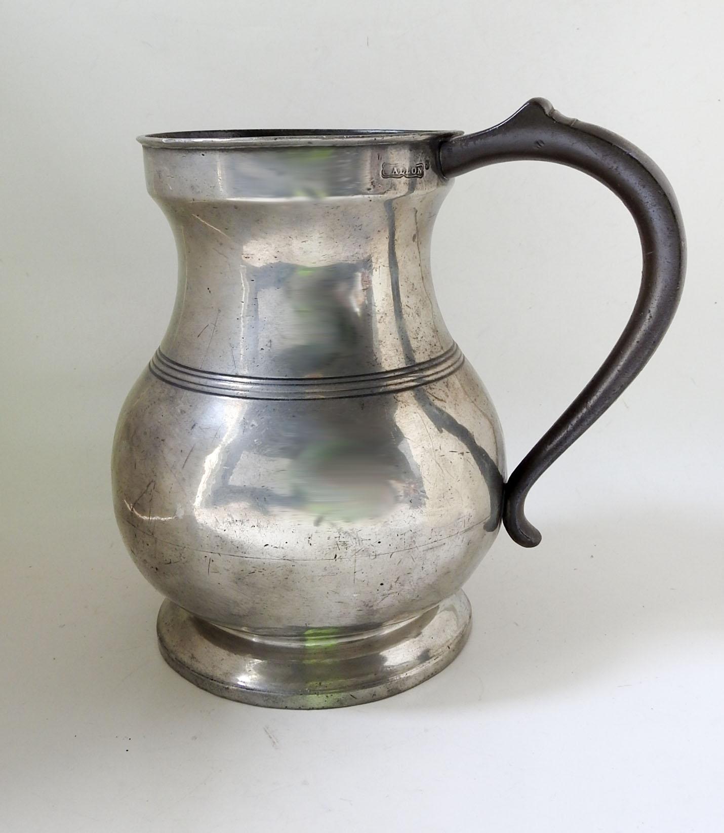 Antique Victorian pewter one gallon potbelly measure. Stamped Gallon, with VR Queen Victoria certification mark. Overall patina, surface scratches, few dings, pretty heavy weighs over 5 lbs.
