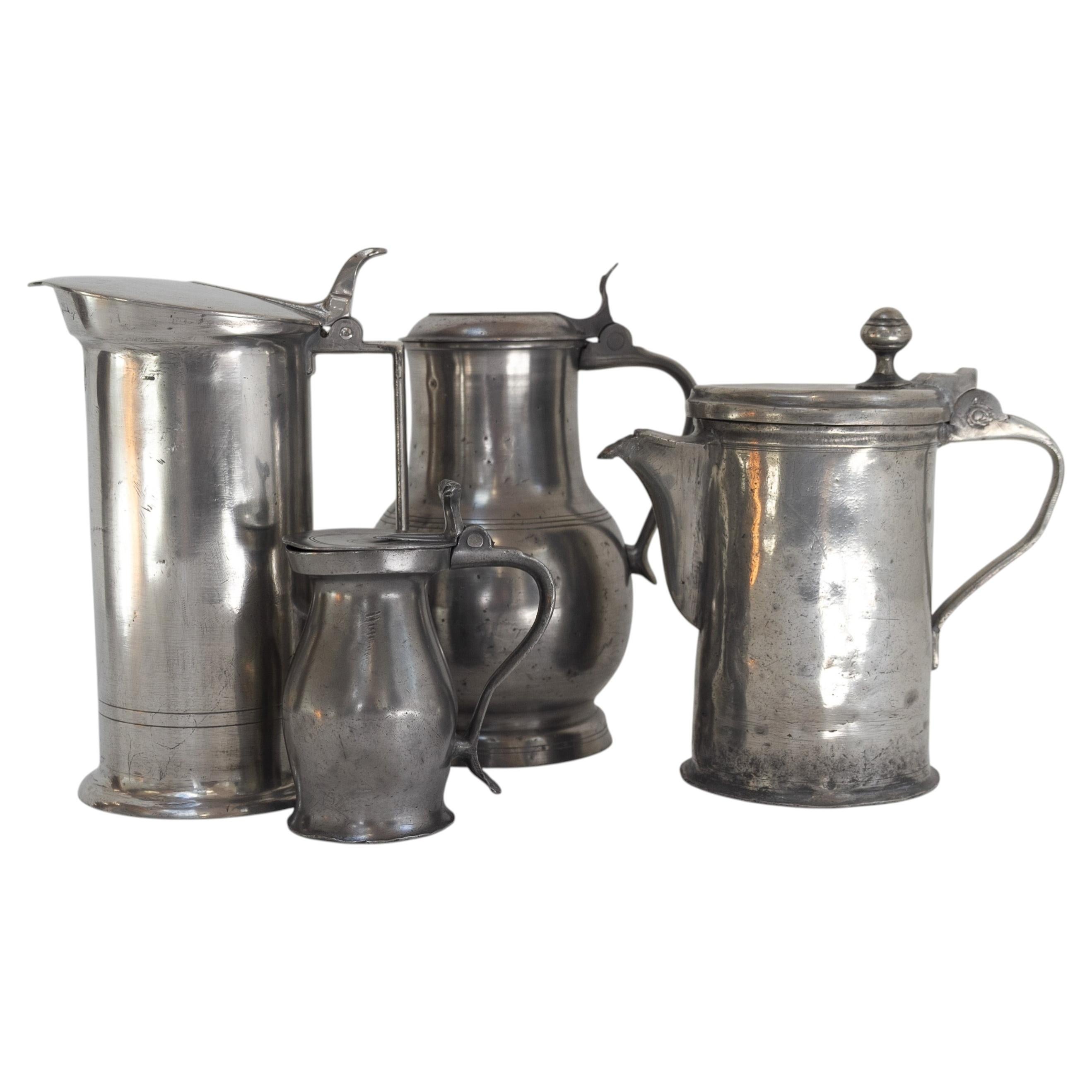 Antique English Pewter Tankards, 18th century. Set of 4.