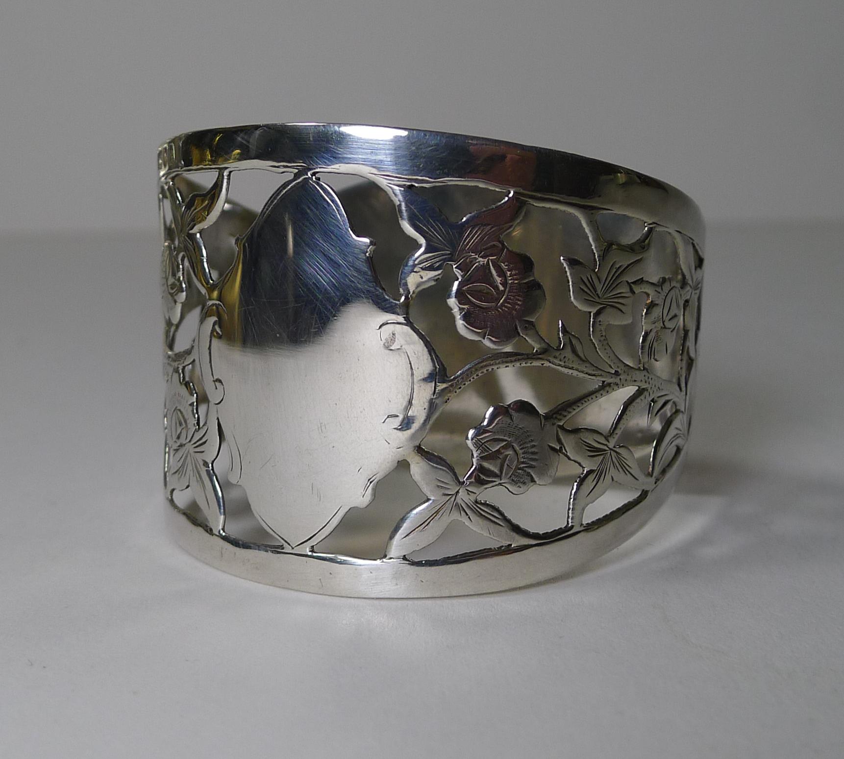 European Antique English Pierced Sterling Silver Napkin Ring, Roses