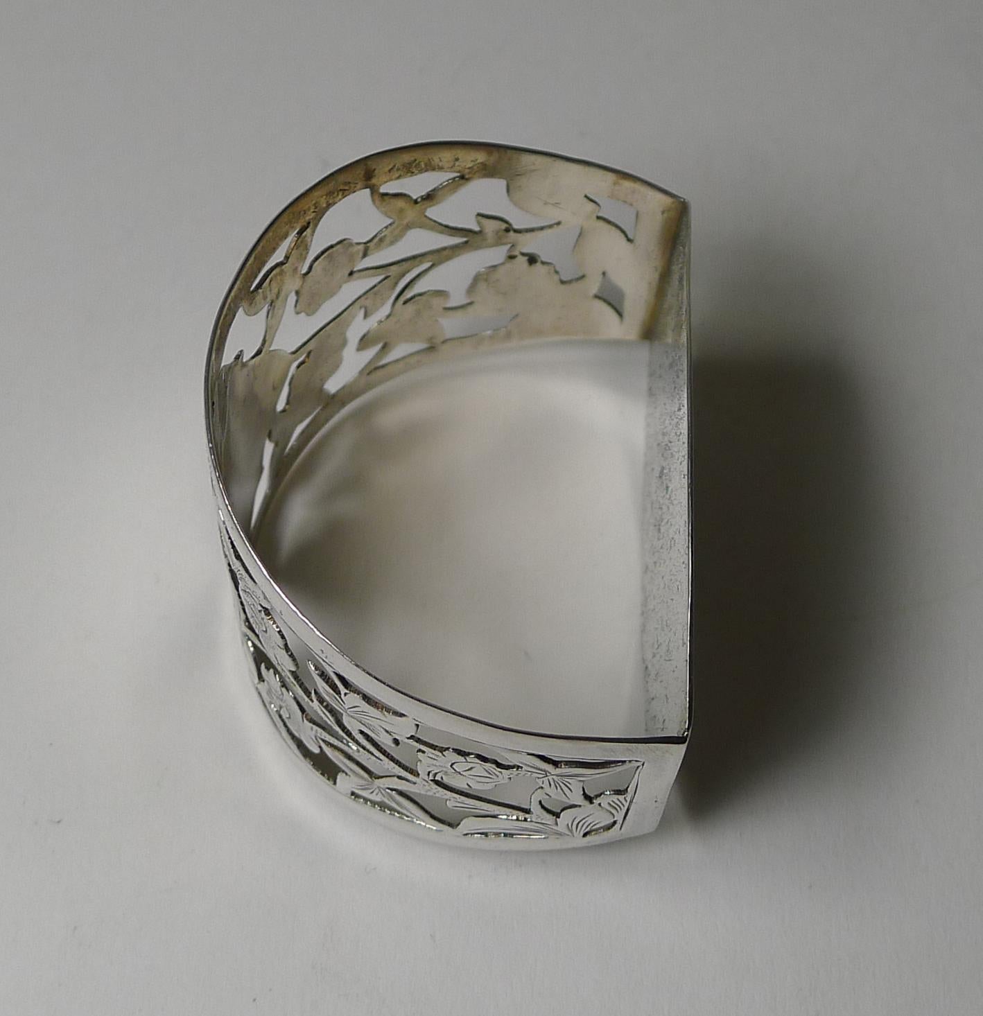 Fretwork Antique English Pierced Sterling Silver Napkin Ring, Roses
