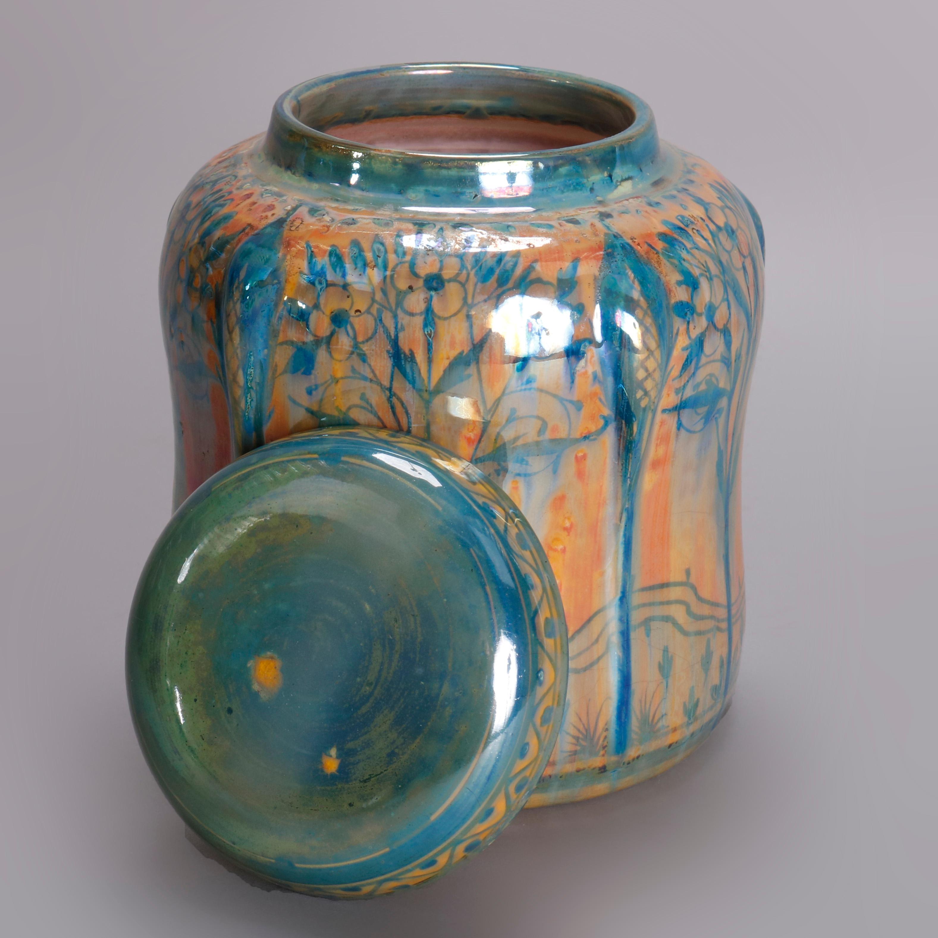 English Pilkington Art Pottery Biscuit Jar, Stylized Landscape, 20th Century 4
