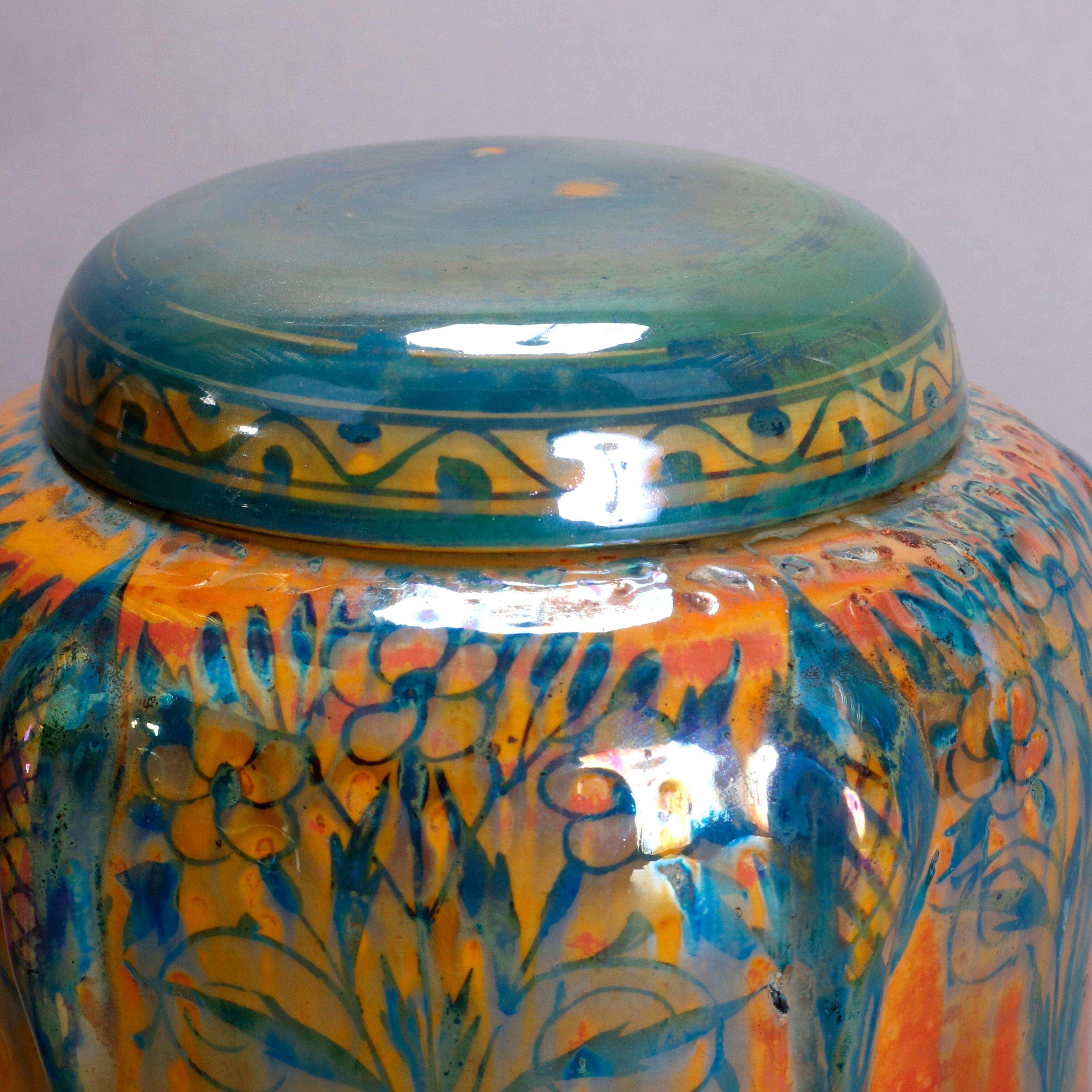 Glazed English Pilkington Art Pottery Biscuit Jar, Stylized Landscape, 20th Century