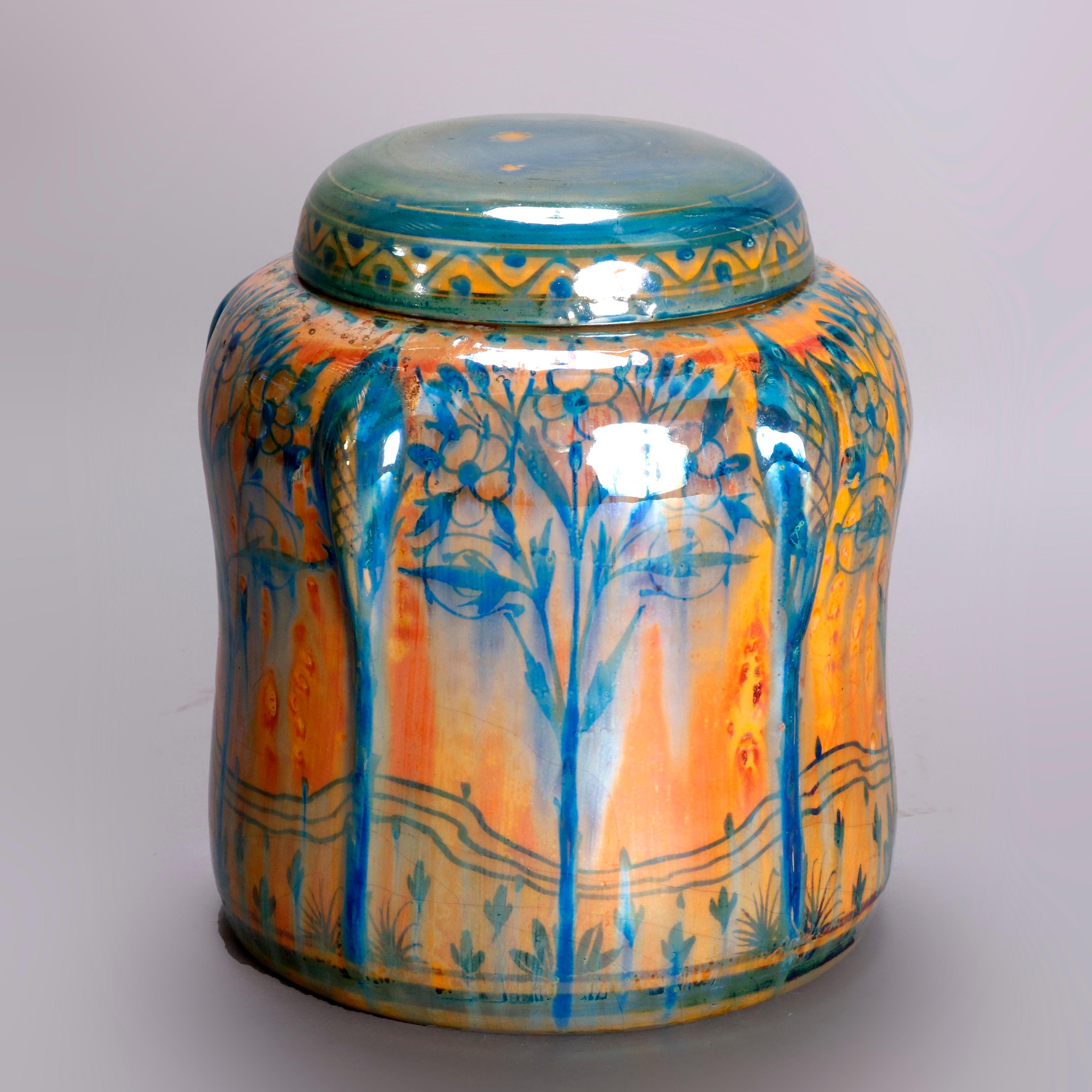 Ceramic English Pilkington Art Pottery Biscuit Jar, Stylized Landscape, 20th Century