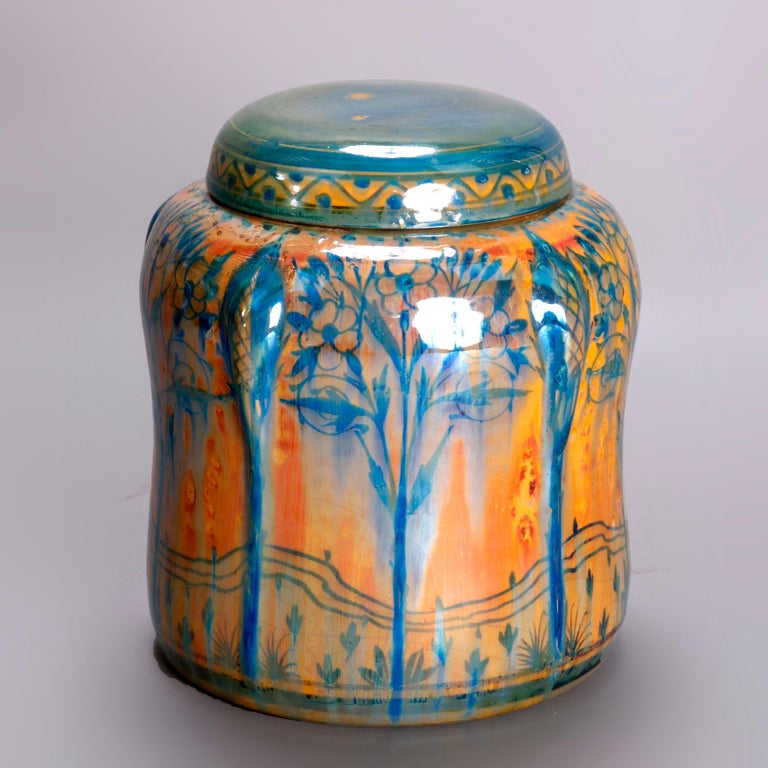 English Pilkington Art Pottery Biscuit Jar, Stylized Landscape, 20th